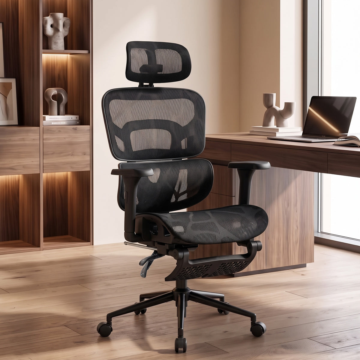 Ergonomic Office Chair with Lumbar Support, 2D Headrest, Mesh Reclining Desk Chair with Footrest, Swivel Wheels, Black