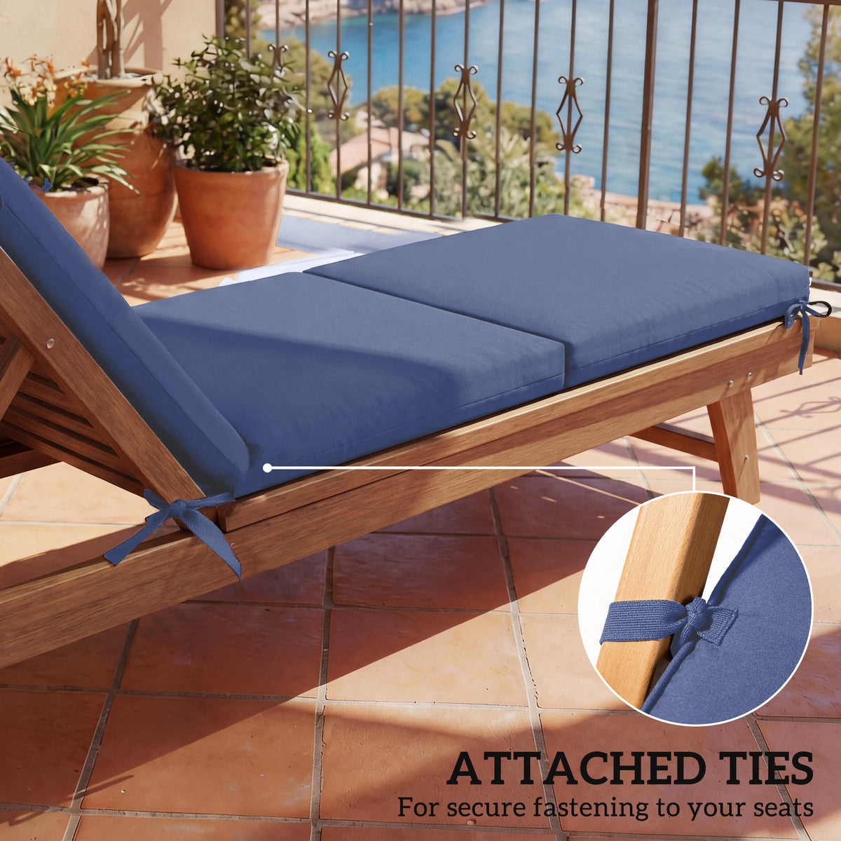 Outdoor Chaise Lounge Cushions Set of 2 with 6 Ties, High-Density Foam, for Patio and Poolside, Navy Blue