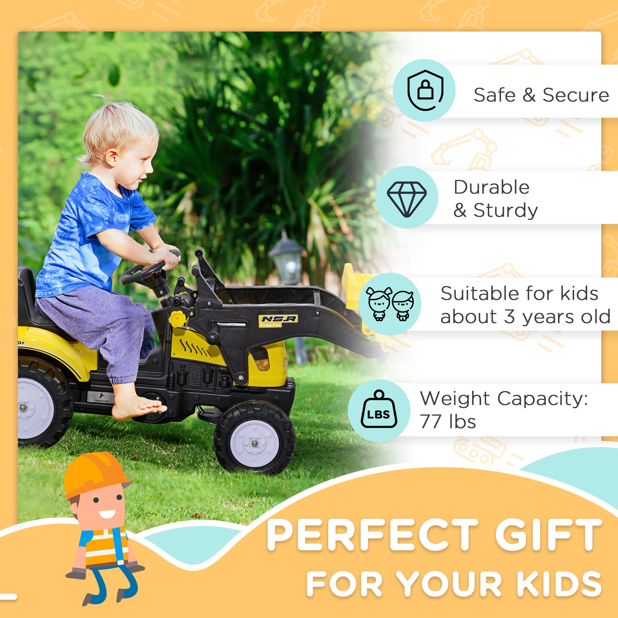 Kids Ride on Excavator, Pedal Go Kart with Front Loader Digger for 3 Year Old, Yellow