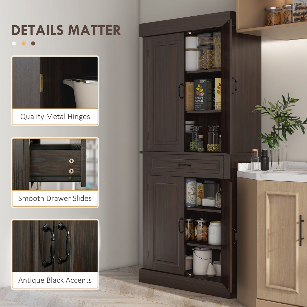 71" Freestanding Kitchen Pantry with 4 Doors and 2 Large Cabinets, Tall Storage Cabinet with Drawer, Coffee