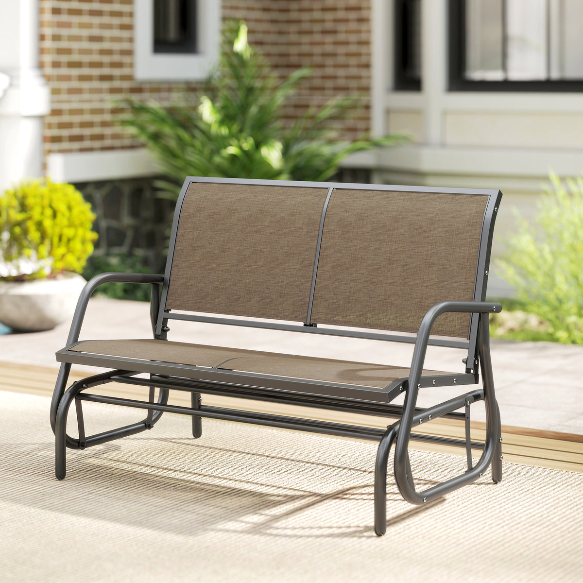 2-Person Outdoor Glider Bench, Patio Double Swing Rocking Chair Loveseat with Steel Frame, Light Mixed Brown