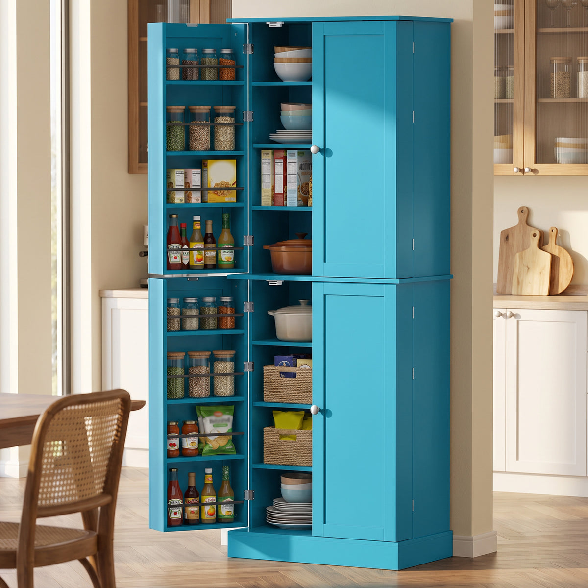 65" Kitchen Cabinet, Kitchen Pantry Cabinet with 4 Doors and 16 Door Shelves for Dining Room, Blue