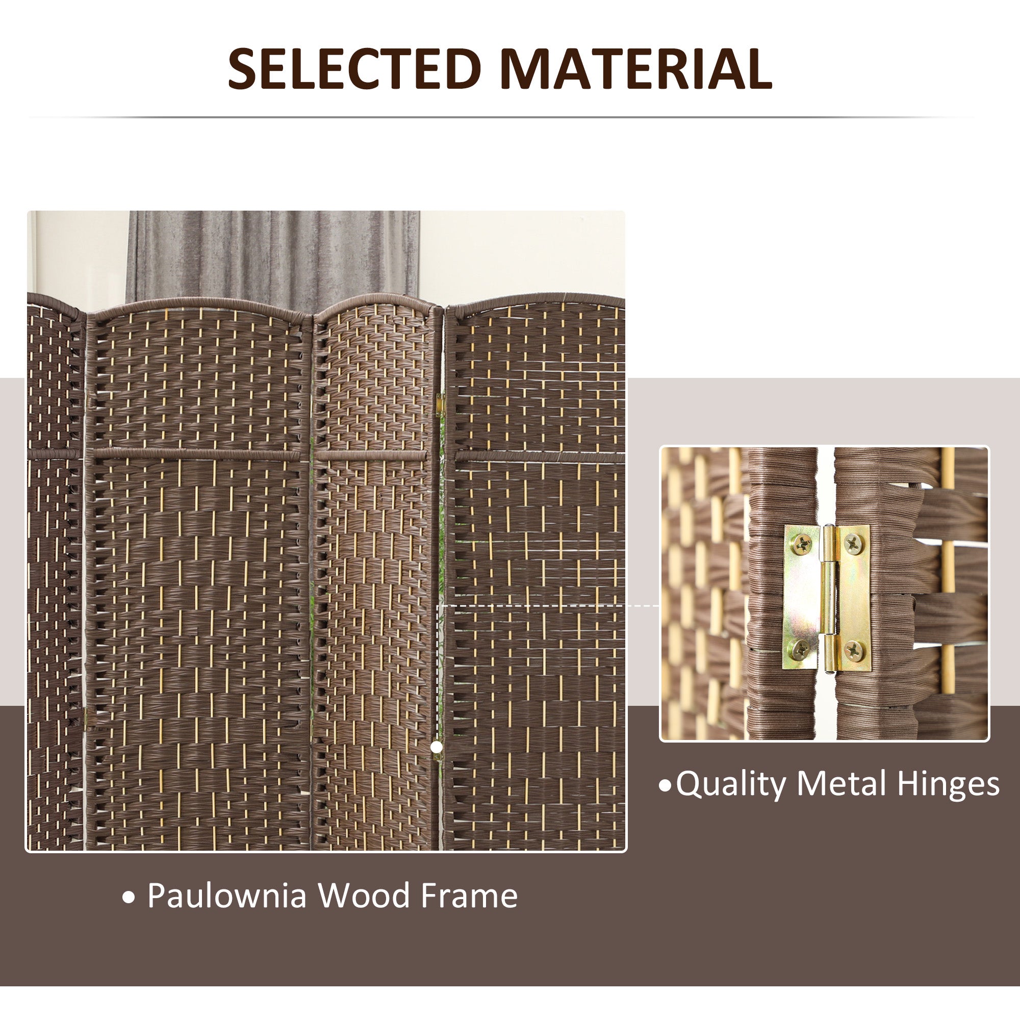 Folding Room Divider Screen 4 Panel 6' Tall Privacy Screen Freestanding Wood Partition for Home Office, Brown