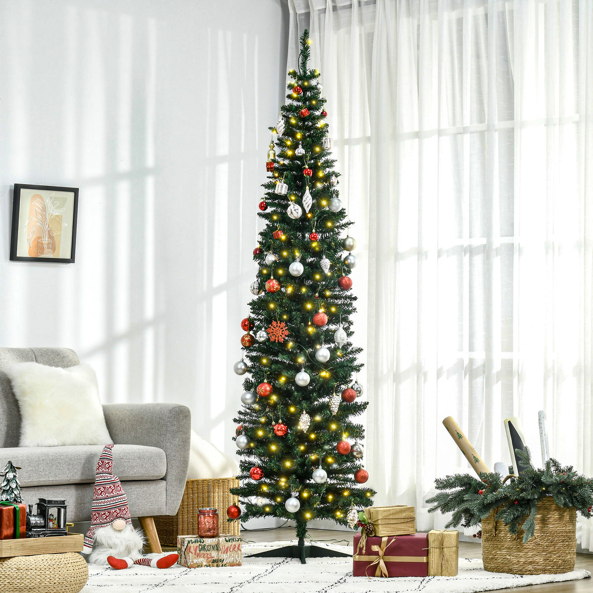 7' Tall Pre-Lit Slim Noble Fir Artificial Pencil Christmas Tree with 200 Warm White LED Lights and 499 Tips, for Christmas Decoration, Green