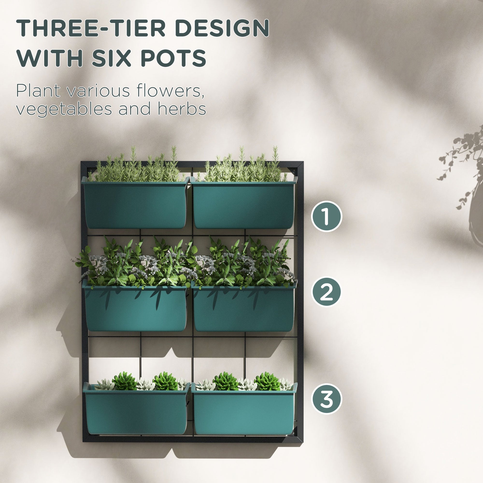 3-Tier Hanging Planter with 6 Pots for Indoor and Outdoor Use, Wall Planter, Self Draining & Wall Mounted, Green - Green - Image 5
