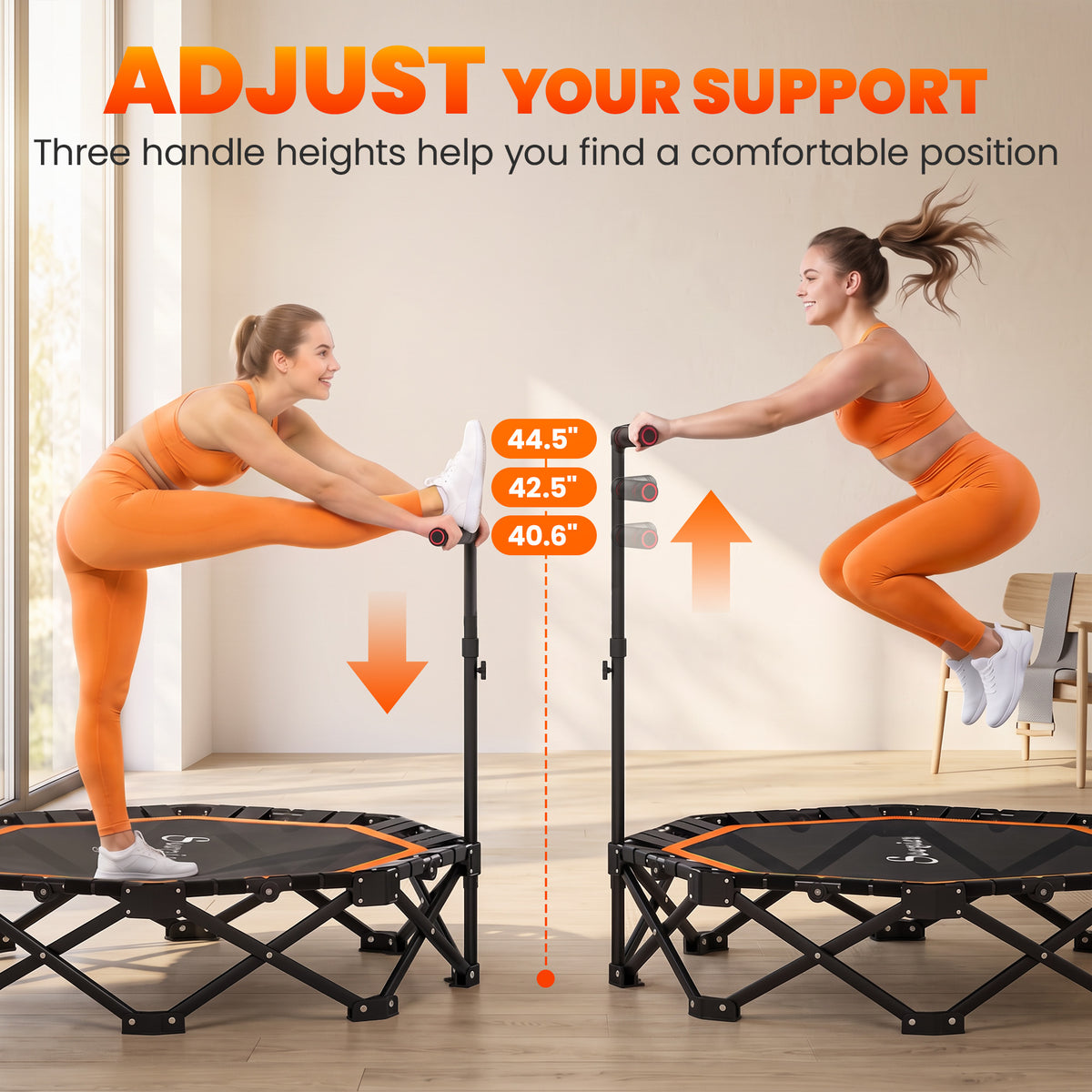 50" Foldable Mini Trampoline for Adults, One-Step Fold & Open, 550LBS Capacity, 3-Level Adjustable Handle, Orange