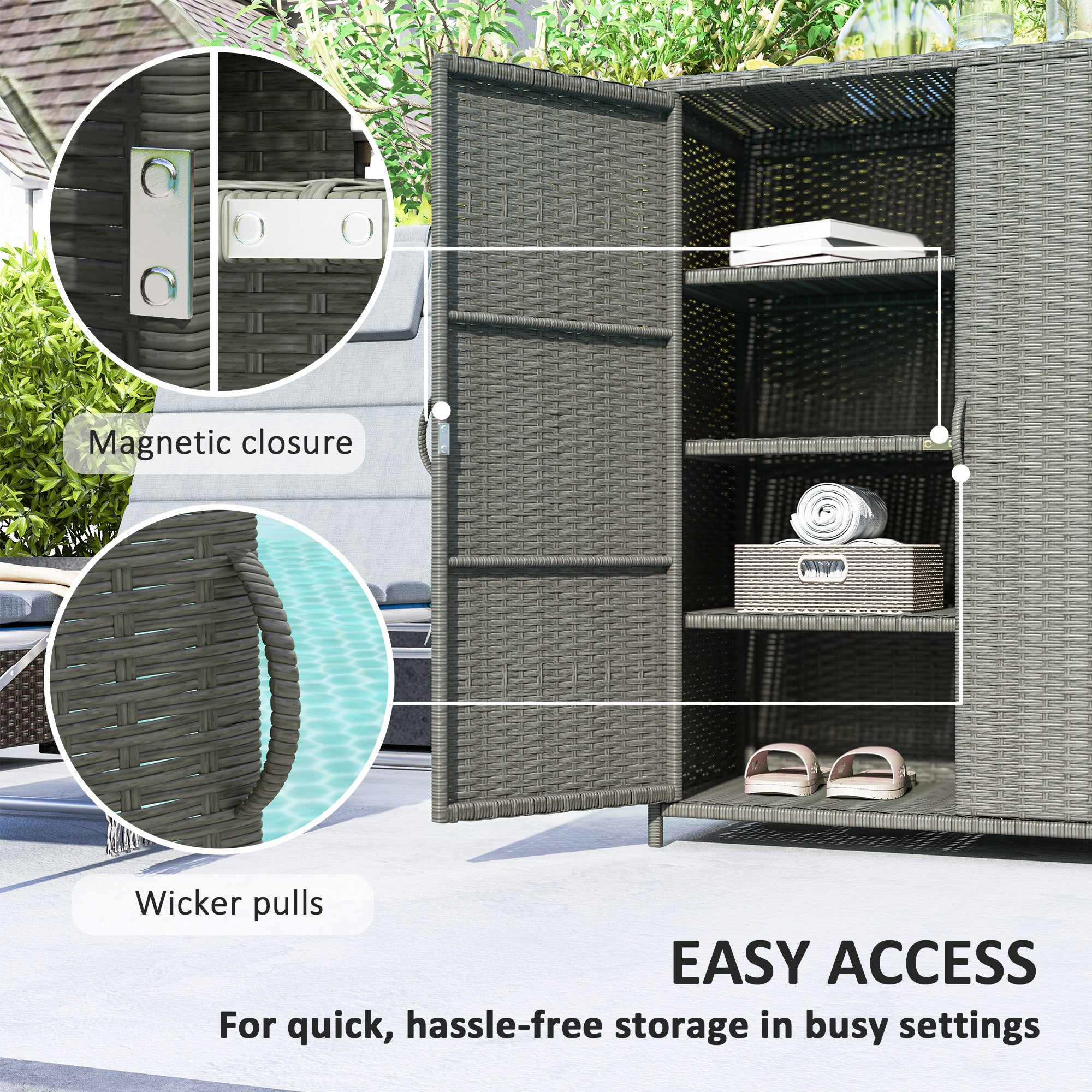 Rattan Wicker Outdoor Storage Cabinet with 4 Shelves and 2 Doors for Garden Pool Towel Storage, Dark Gray - Dark Gray - Image 6