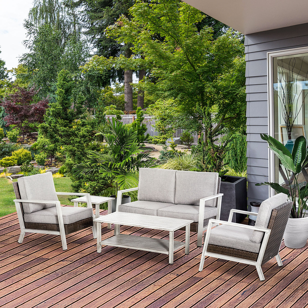 Aluminum Patio Furniture Set, 5 Piece Modern Outdoor Conversation Set with Loveseat Sofa, Chairs, Cushions, Coffee Table & Side Table, Gray