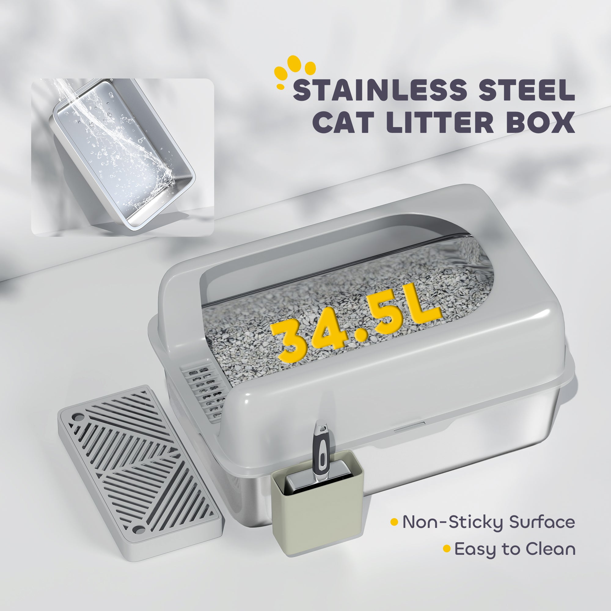 High Sided Stainless Steel Litter Box with Metal Scoop & Scoop Holder, for Easy Clean& Anti-Urine Leakage, Light Gray - Light Gray - Image 5