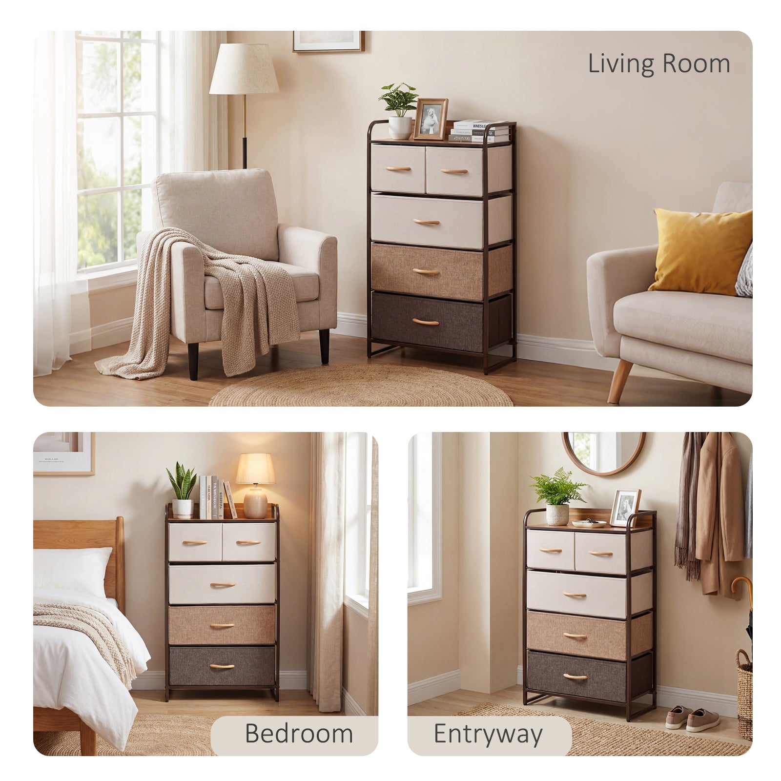 5-Drawer Fabric Dresser Tower, 4-Tier Storage Organizer with Steel Frame for Hallway, Bedroom, and Closet, Maple Wood