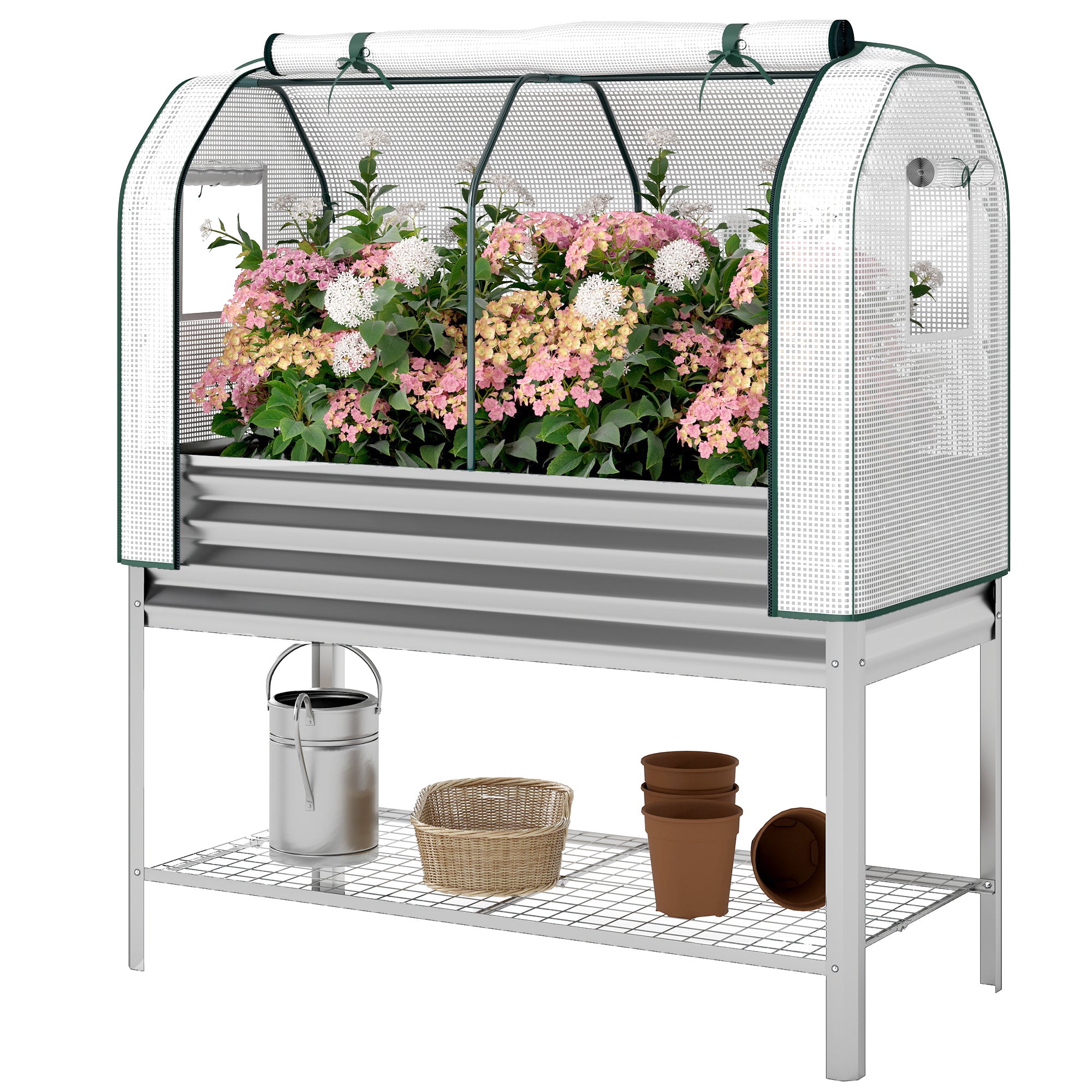 Galvanised Raised Garden Bed with Greenhouse Cover, Metal Elevated Garden Bed with Bed Liner, Bottom Shelf, Silver - Silver