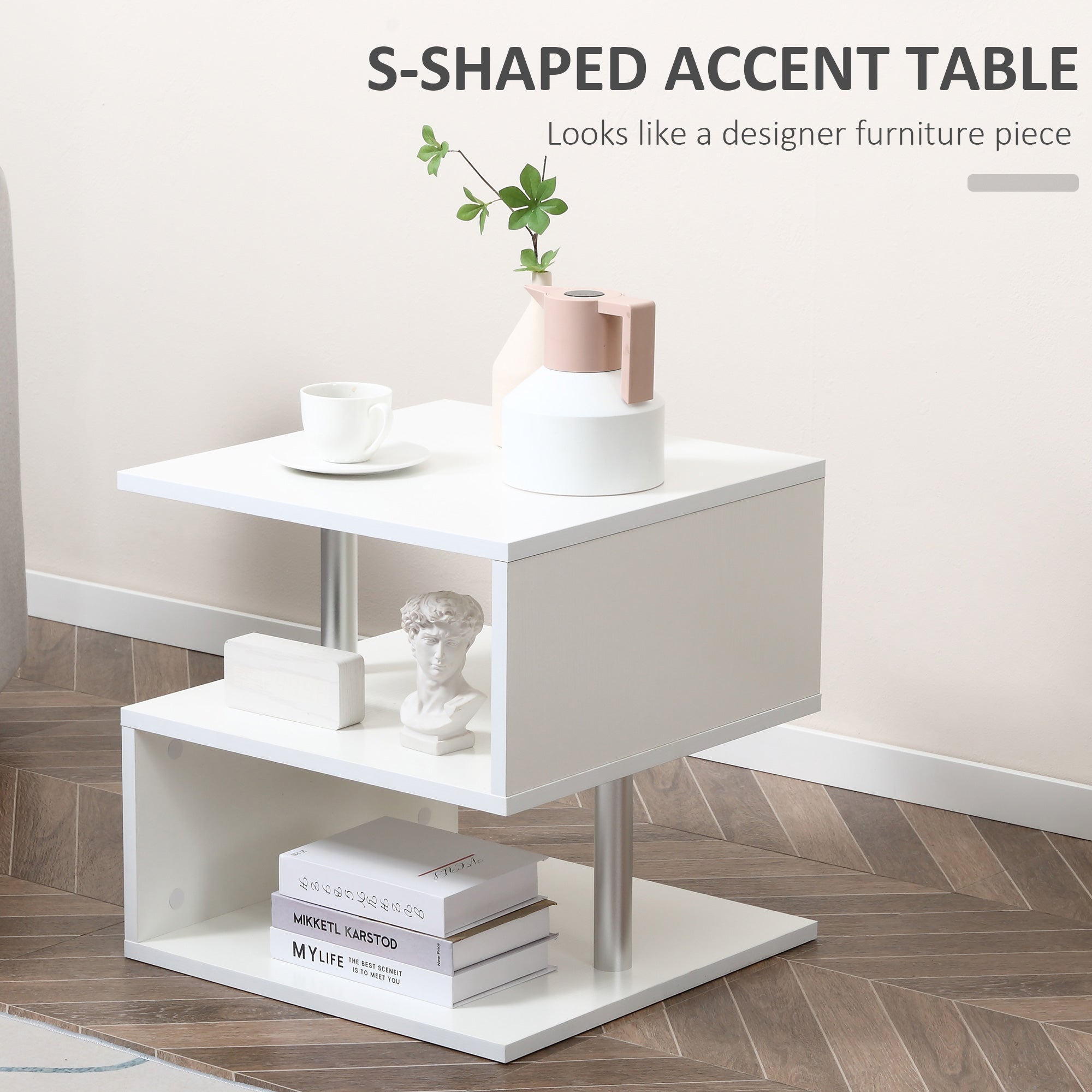 20" Modern S-Shaped Multi-Level Accent End Table Shelf with Steel Poles, White