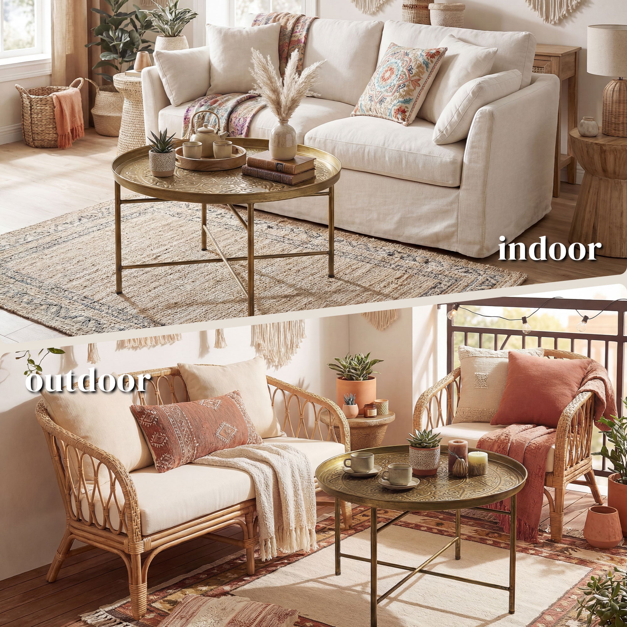 Coffee Table for Living Room, 24" Round Center Table with Hammered Tray Top and Metal Frame for Bedroom, Gold
