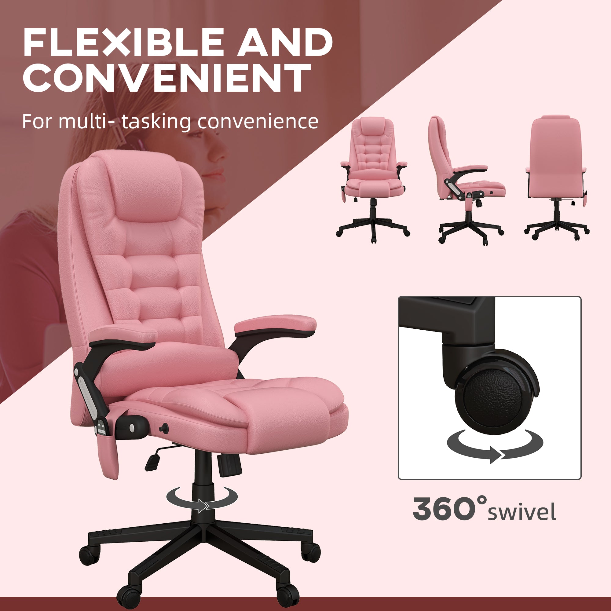 Massage Office Chair, Heated Reclining Computer Chair with 6 Vibration Points, Armrest and Remote, Pink