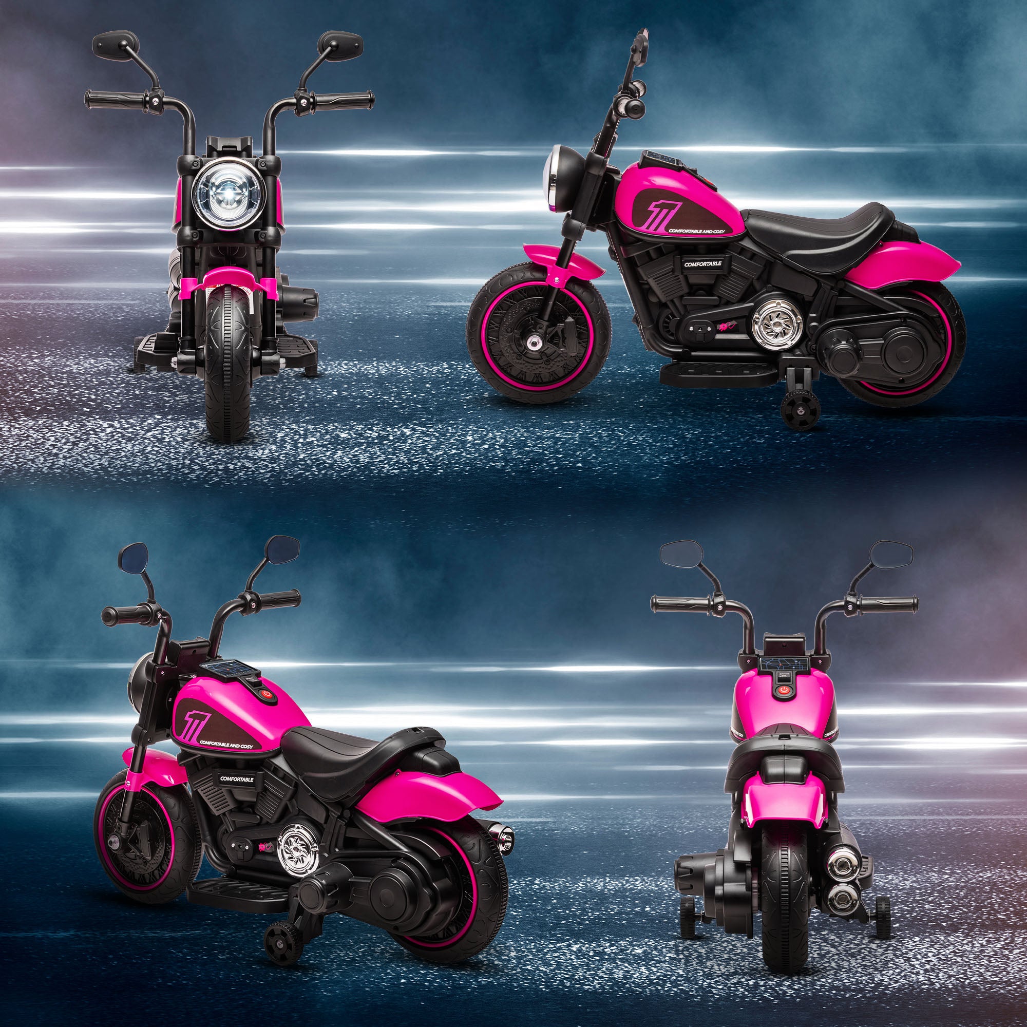 6V Kids Motorcycle w/ Training Wheels, Single-Button Start, Pink