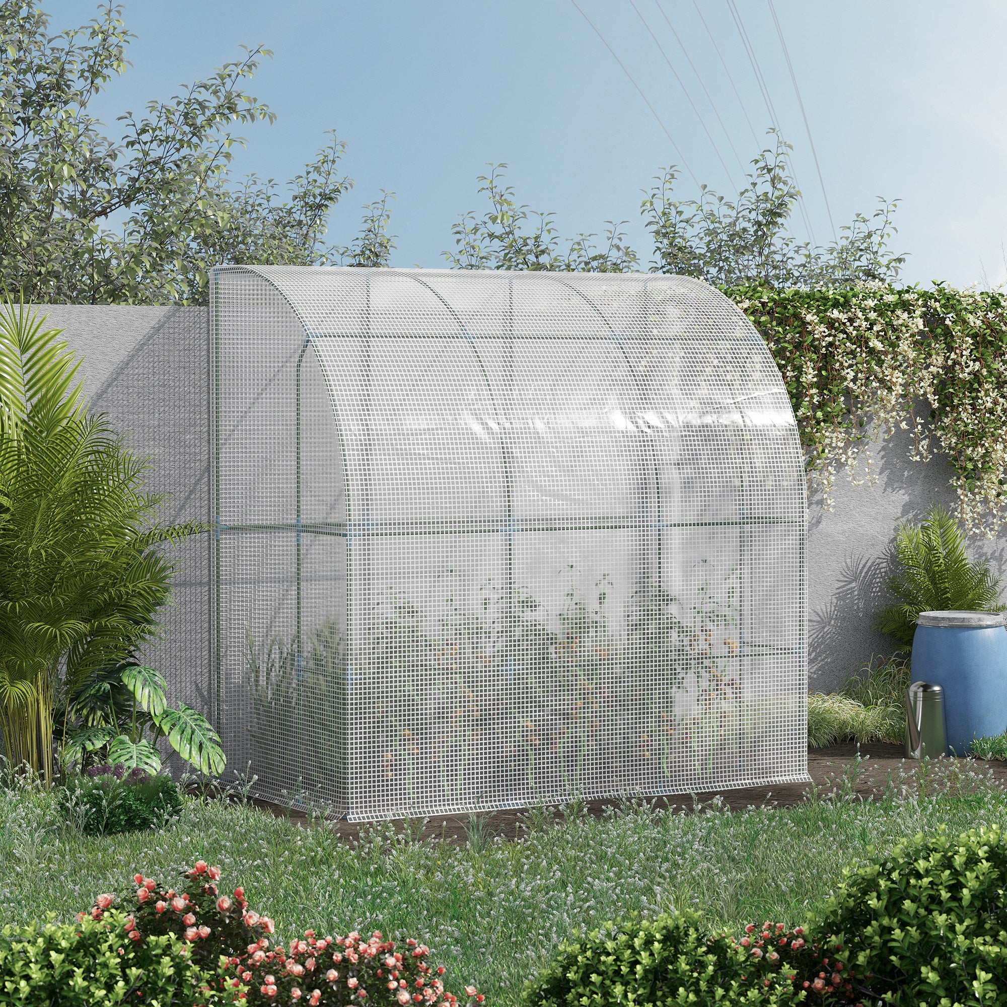 7' x 4' x 7' Outdoor Lean to Greenhouse, Walk-In Green House Plant Nursery with Roll-up Window, PE Cover, White - White - Image 2