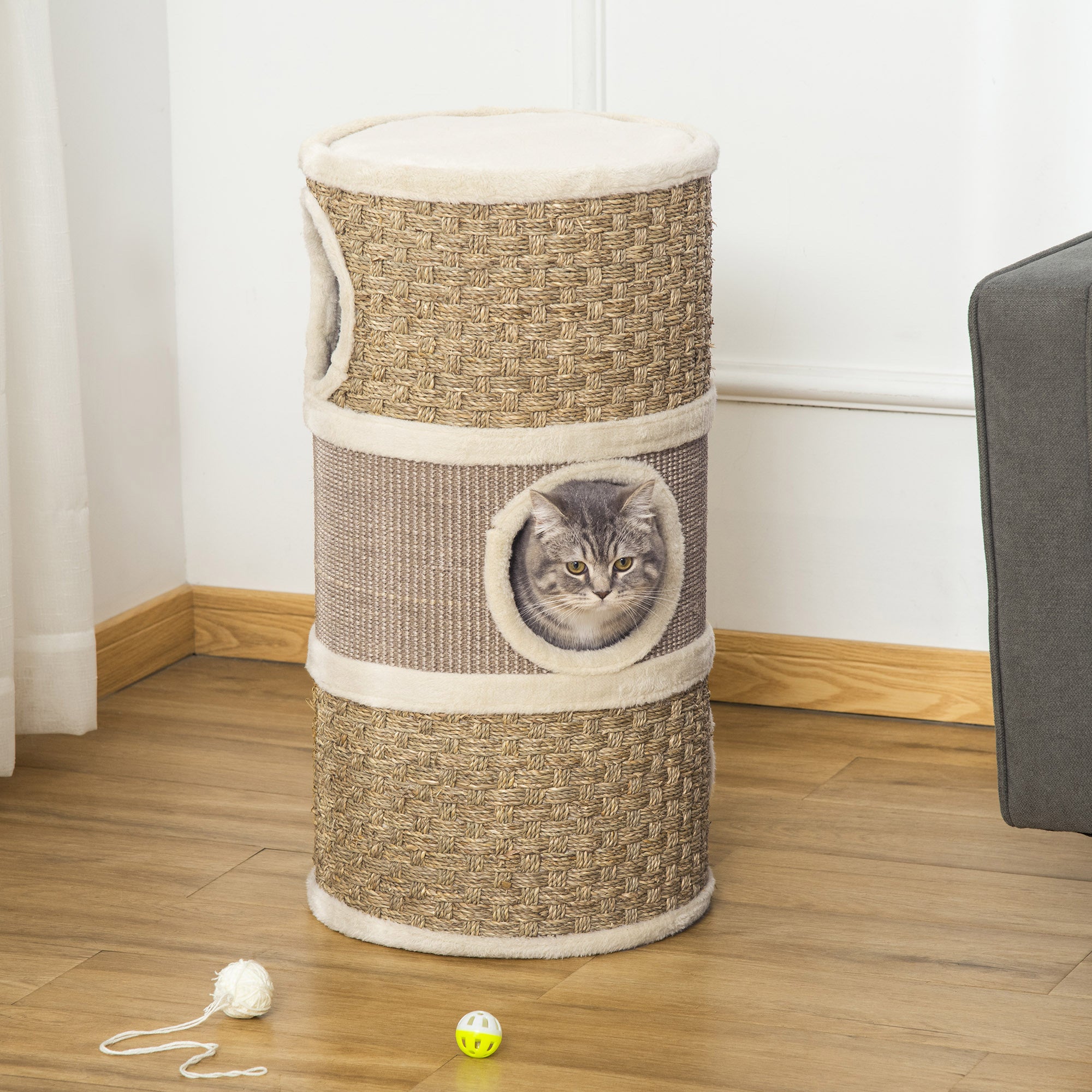 28 Inch Cat Condo, 3 Story Cat Hideaway with Sisal Scratching Pad - Khaki - Image 2