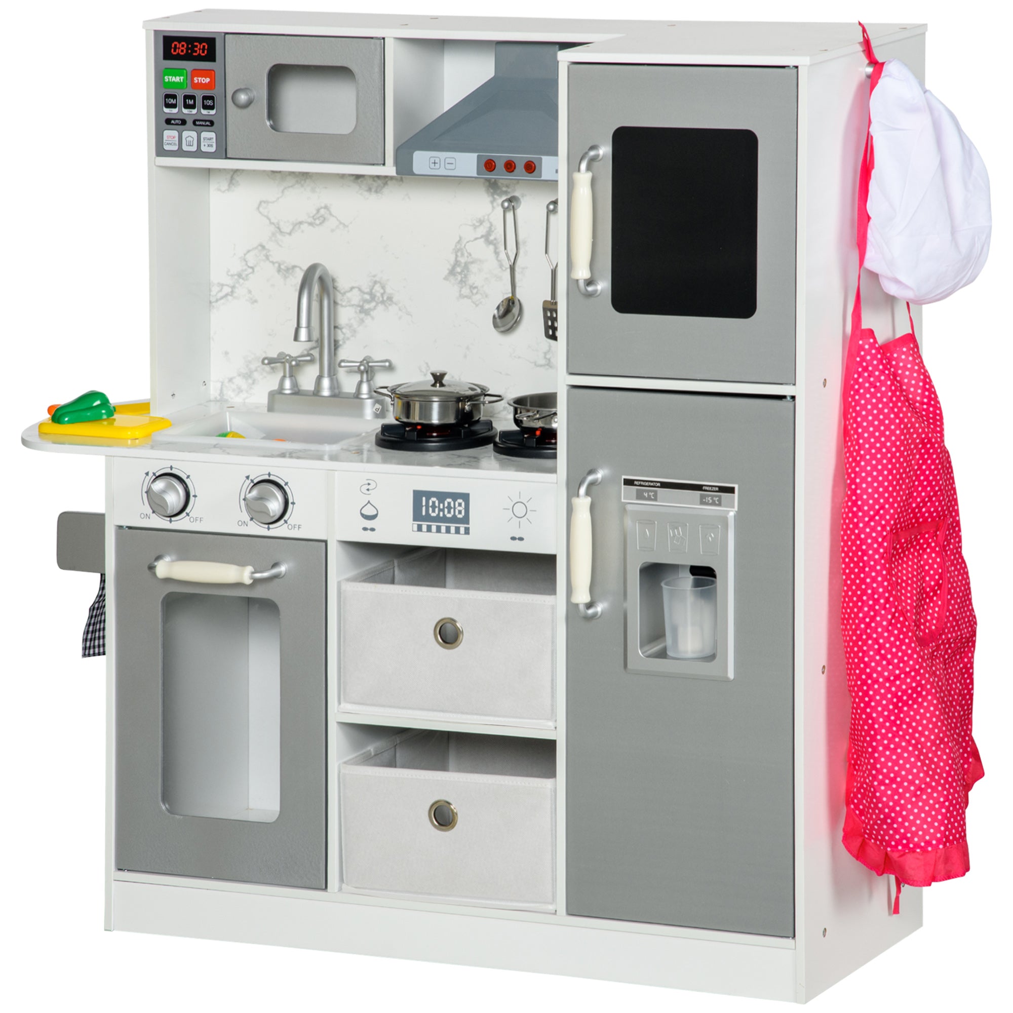 Play Kitchen Set for Kids W/ Lights Sounds, Apron and Chef Hat, White