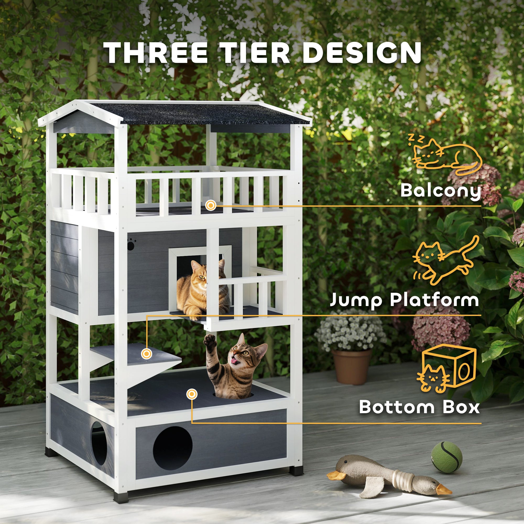 Wooden Outdoor Cat House, Feral Cat Shelter Kitten Condo with Asphalt Roof, Escape Doors, Condo, Jumping Platform, Gray - Grey - Image 4