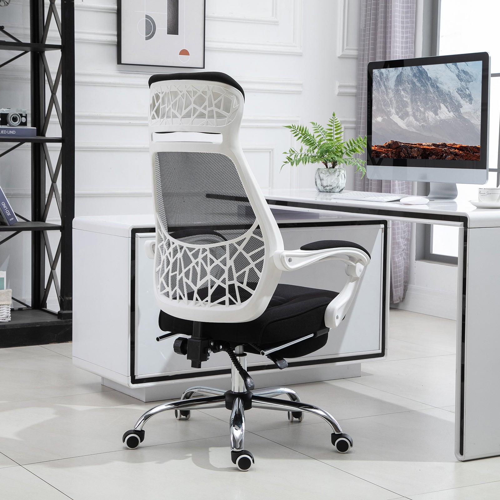 Ergonomic High Back Mesh Office Chair Swivel Reclining Computer Desk Chair with Retractable Footrest, Headrest, Padded Armrest