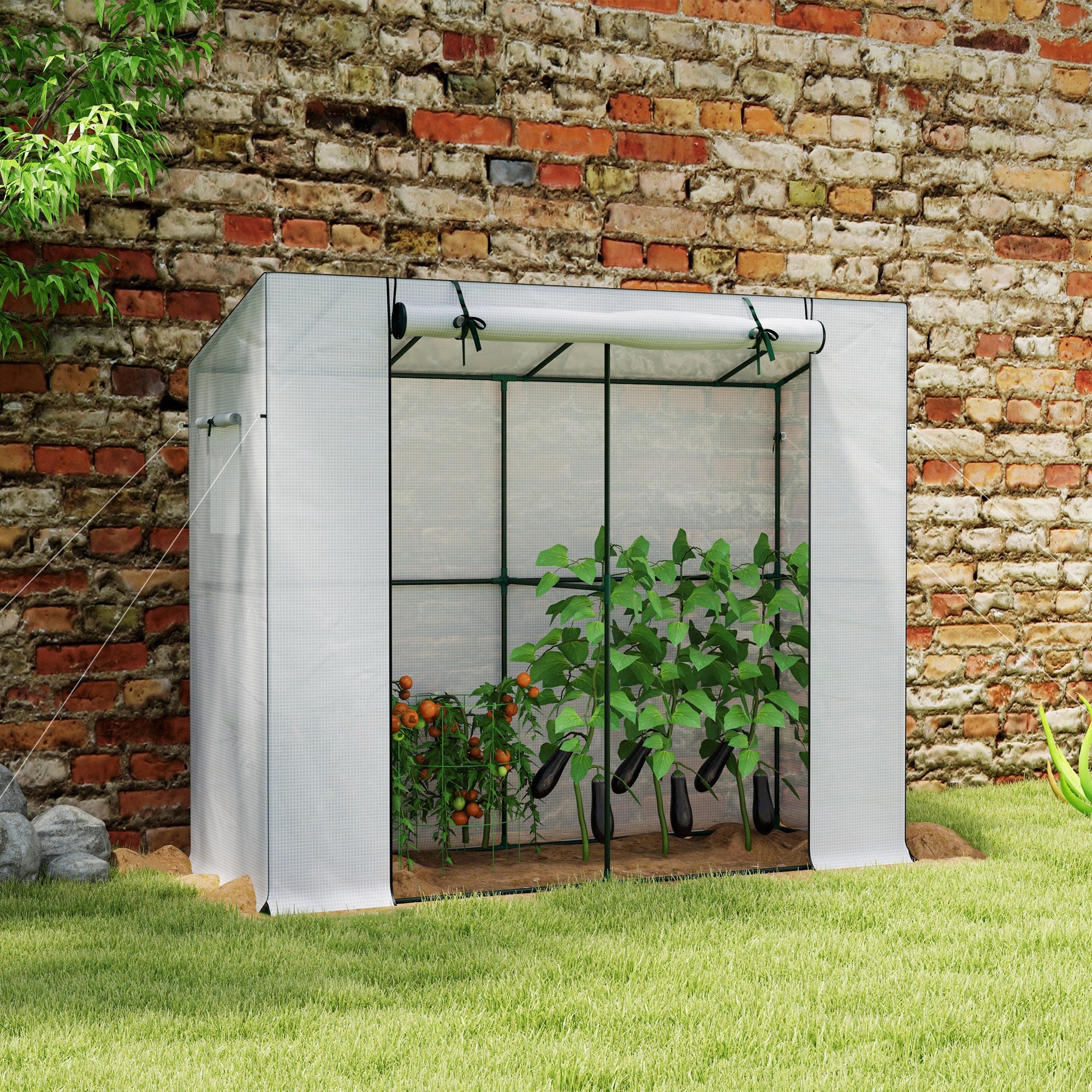 Walk-in Portable Greenhouse Small Greenhouse for Outdoors with UV-resistant PE Cover, 6.6' x 2.5' x 5.6' White - White - Image 2
