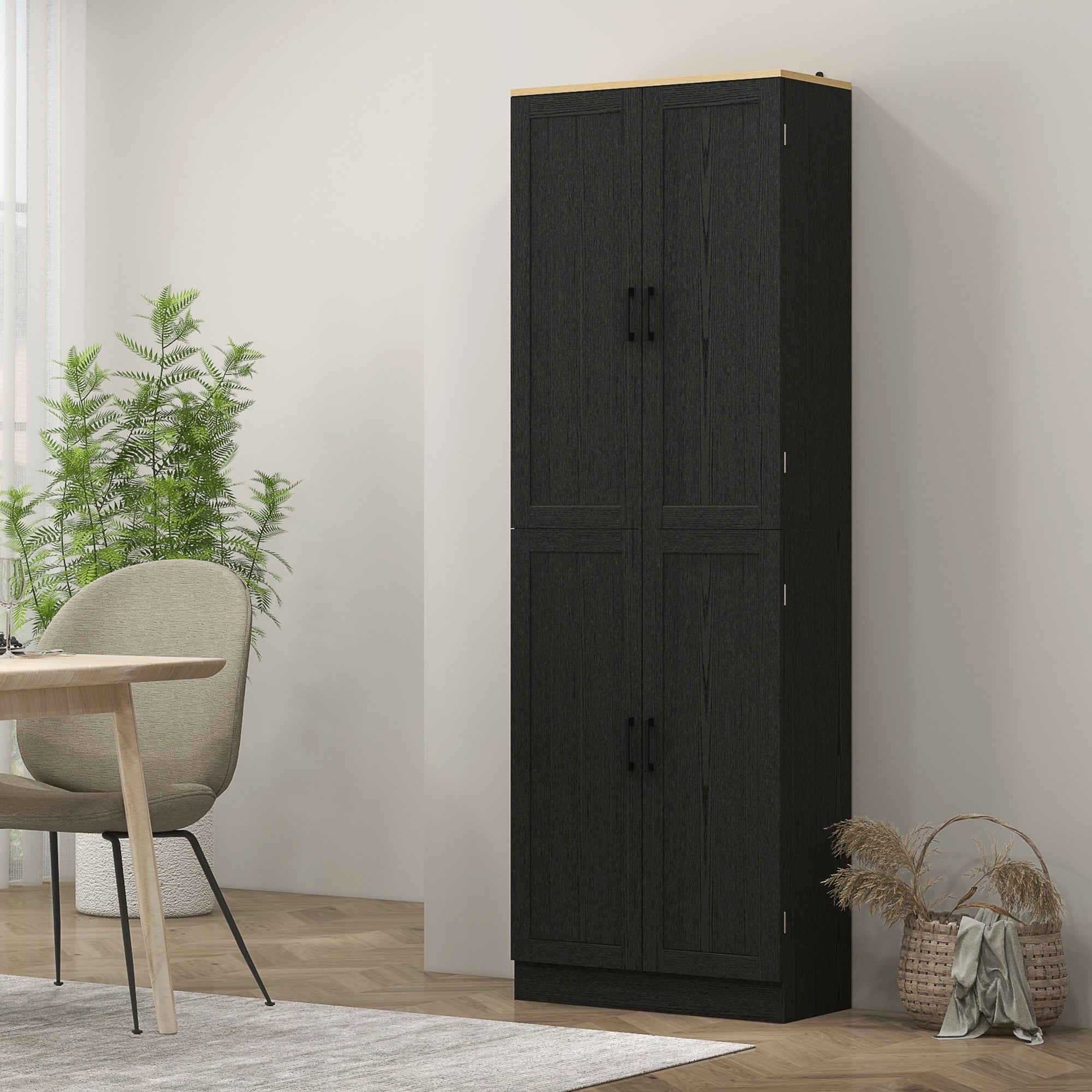 Freestanding Kitchen Pantry, 4-Door Kitchen Pantry Cabinet with Adjustable Shelves and Doors, Distressed Black