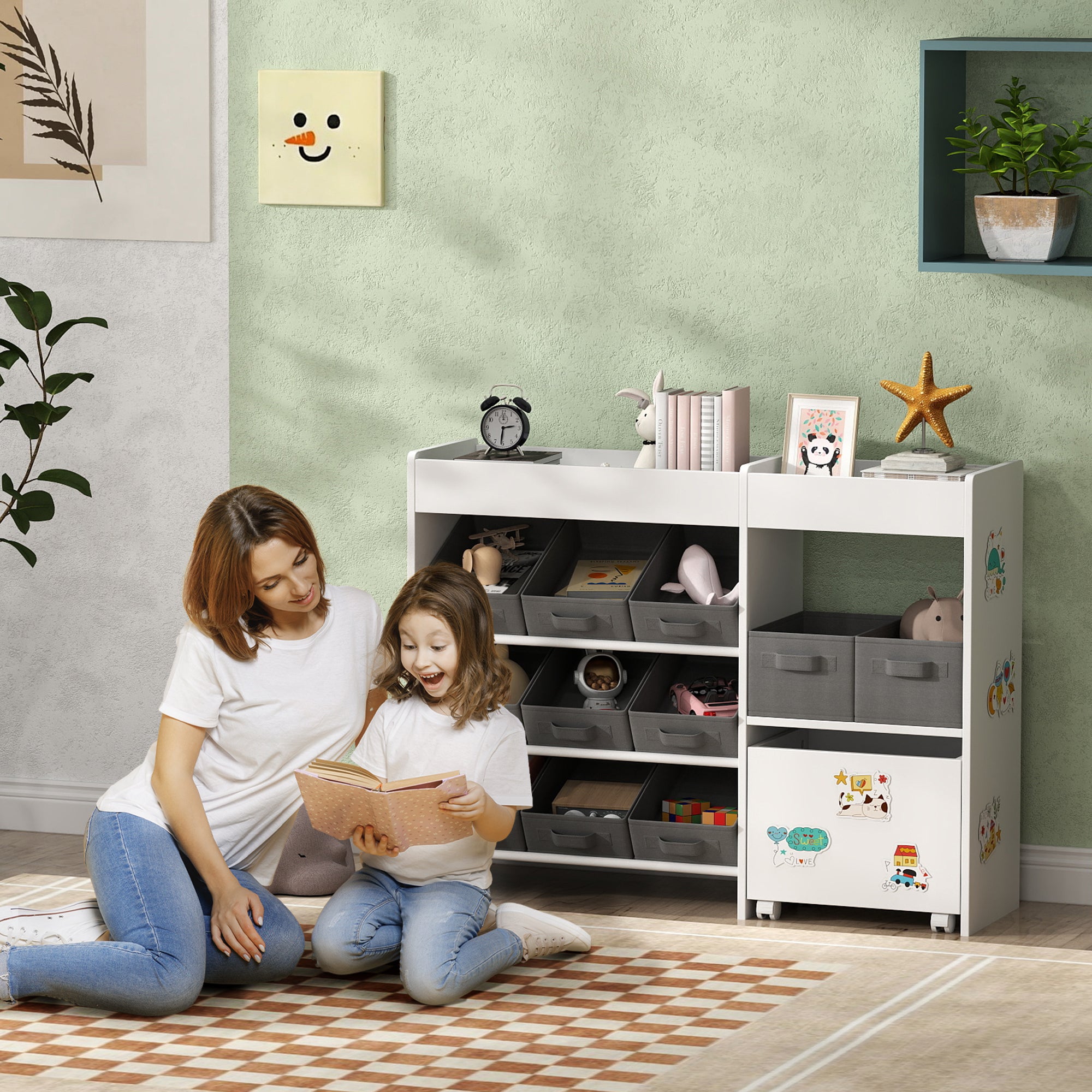 Kids Toy Storage Organizer with 11 Bins, Moveable Cabinet, Top Shelves, 3 Stickers, for Nursery, Playroom, White