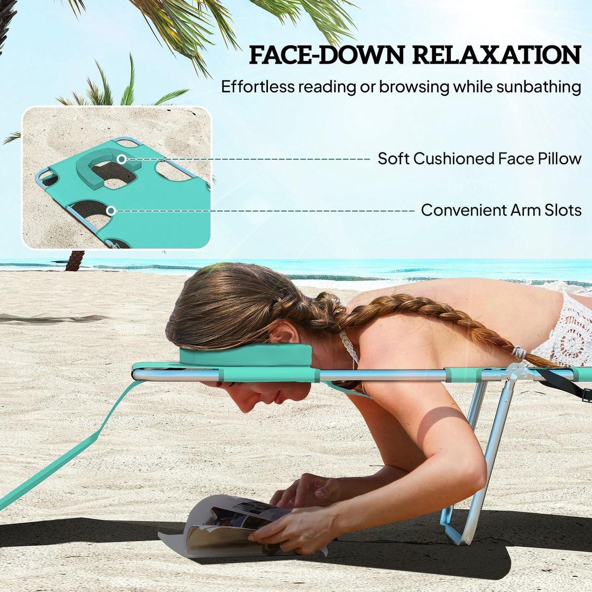 Tanning Chair with Face Hole, 5-Level Adjustable Outdoor Chaise Lounge Chair with Pillow for Beach, Pool, Light Green