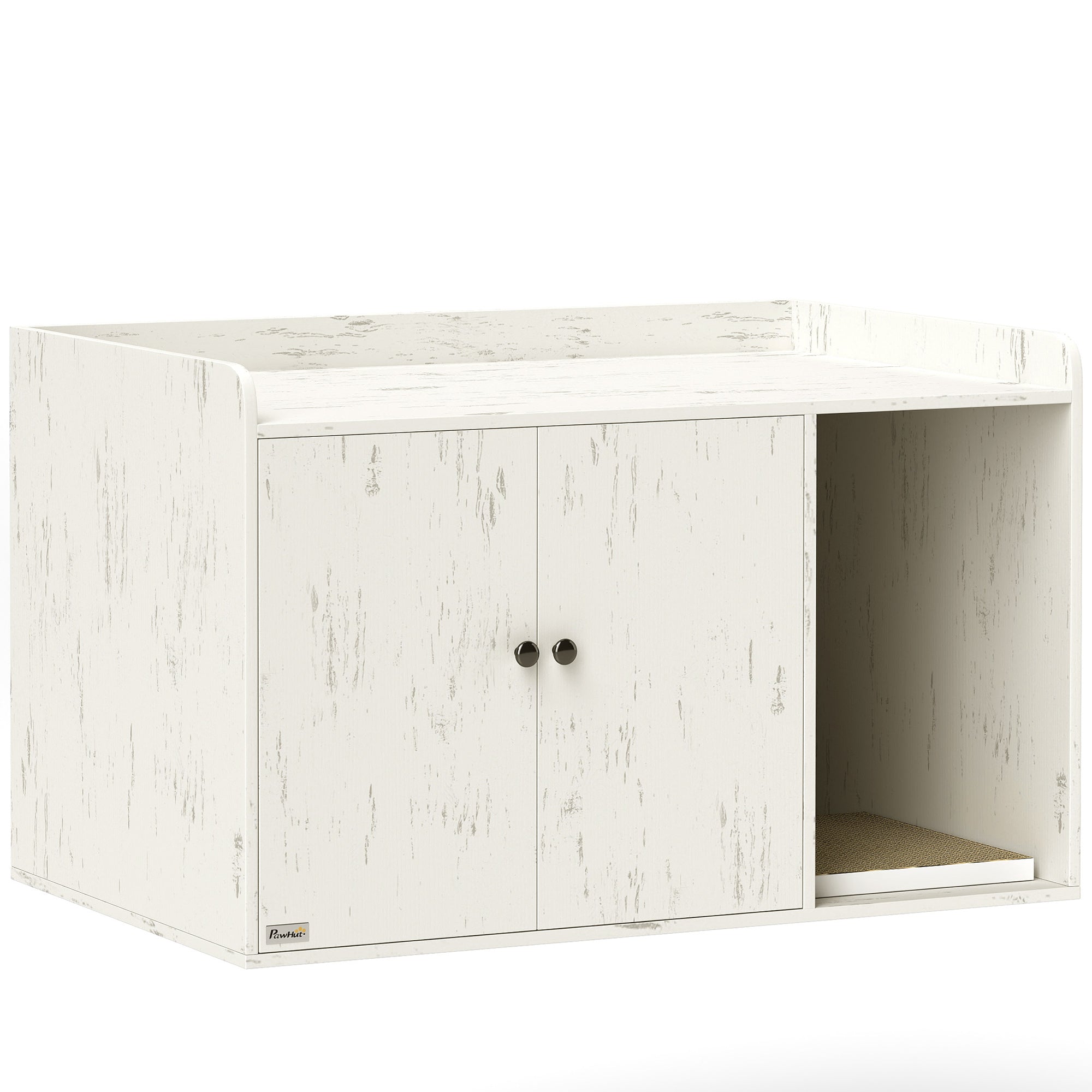 32" Cat Litter Box Enclosure with Scratching Mat, Cat Entrance, Fit Most of Cat and Litter Box, Distressed White - White