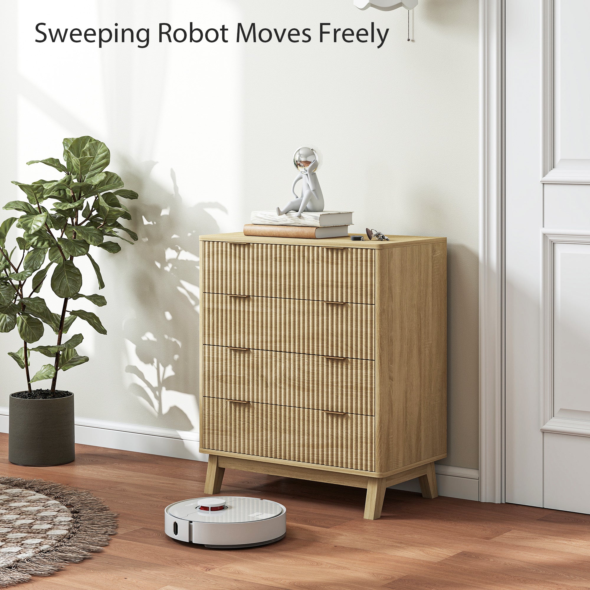 4 Drawer Double Dresser for Bedroom, Fluted Chest of Drawers with Gold Finger Pulls and 4 Wood Legs, Natural Wood