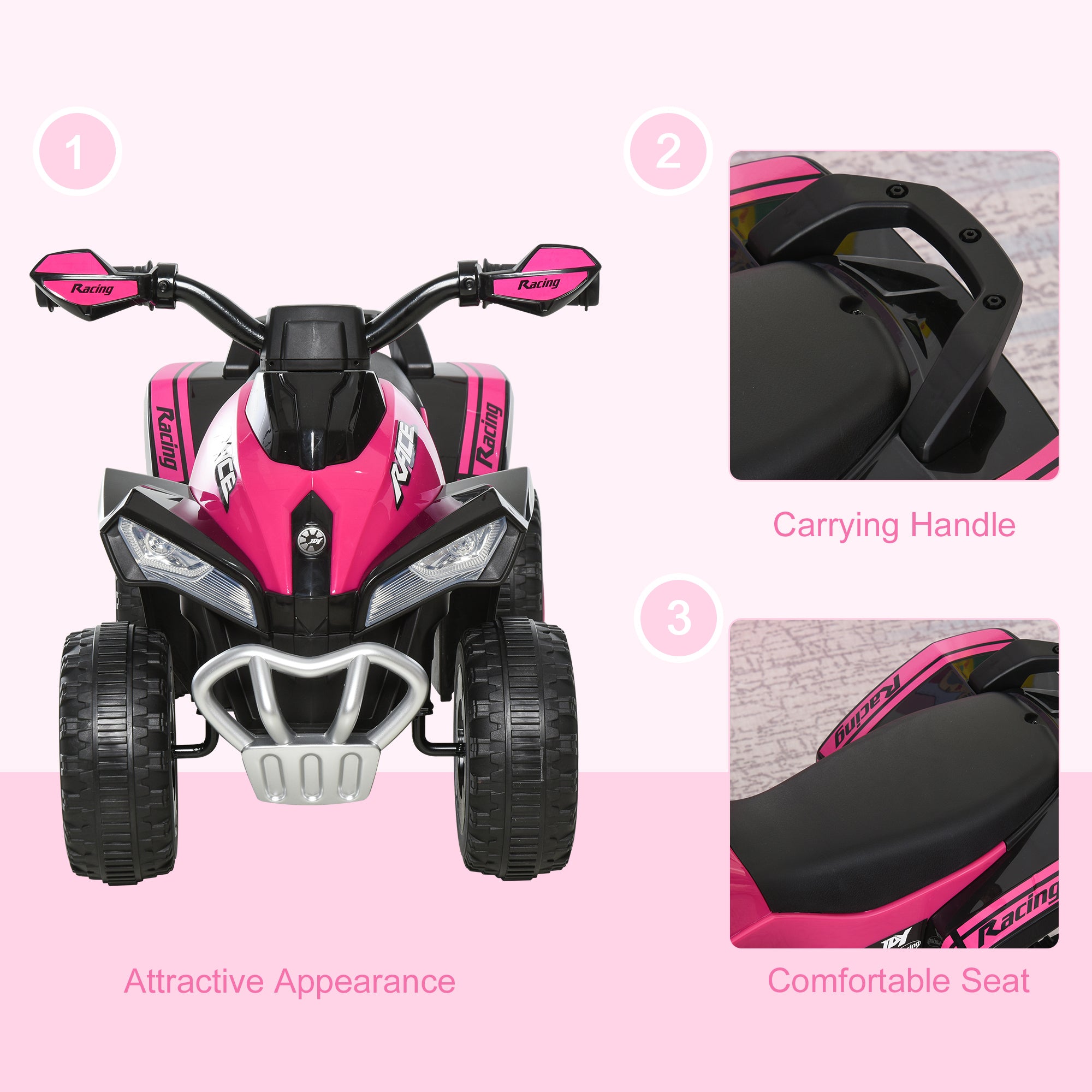 NO Power Kids Ride On Push Car, Ride Racer, Foot-to-floor Sliding Car, Walking ATV Toy with Music, Lights, for 1.5-3 Years Old, Pink