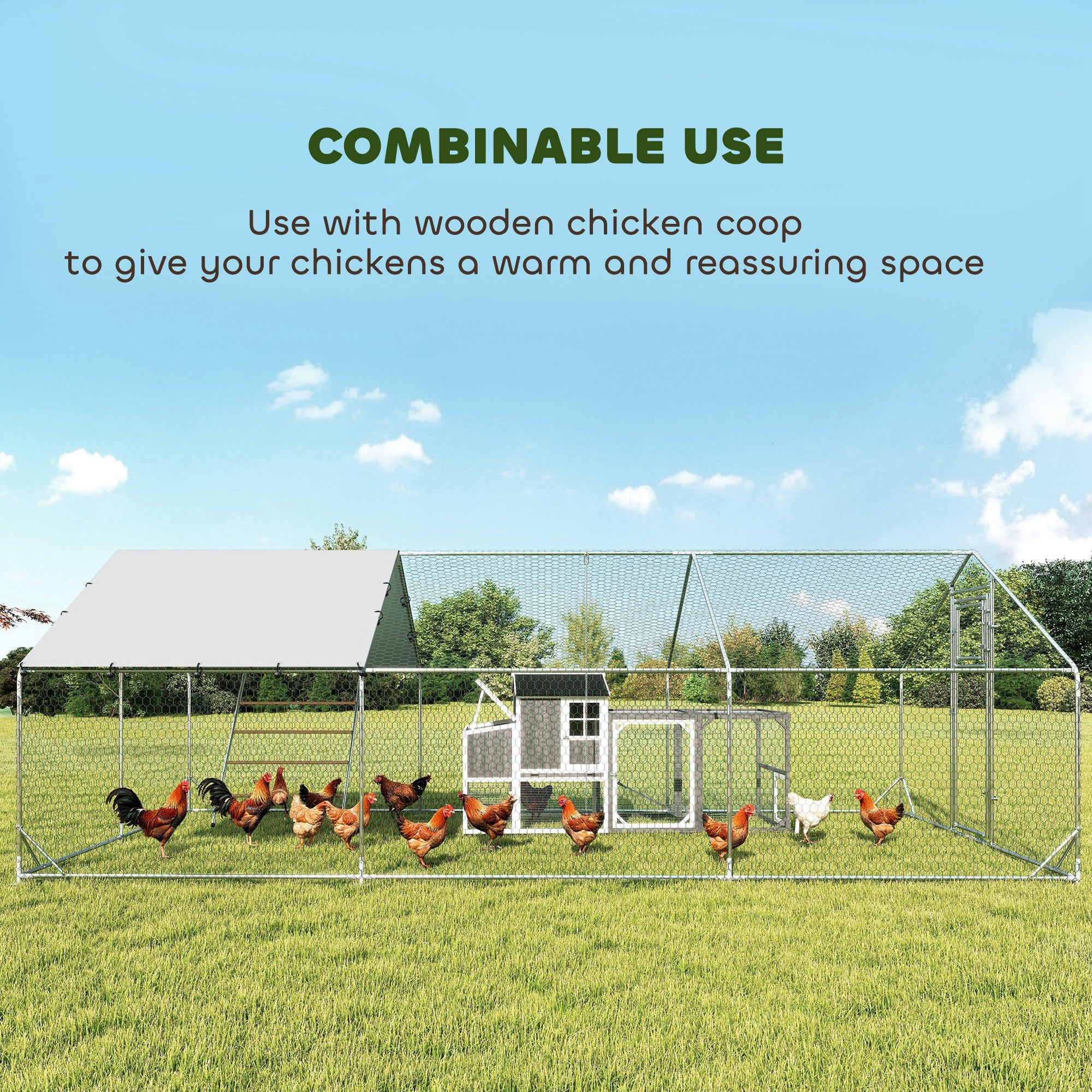 Metal Chicken Run w/ Waterproof & Anti-UV Cover, Feeding Door, Hanging Feeder, for 18-24 Chickens, 9.8' x 19.7' x 6.4' - Silver - Image 6