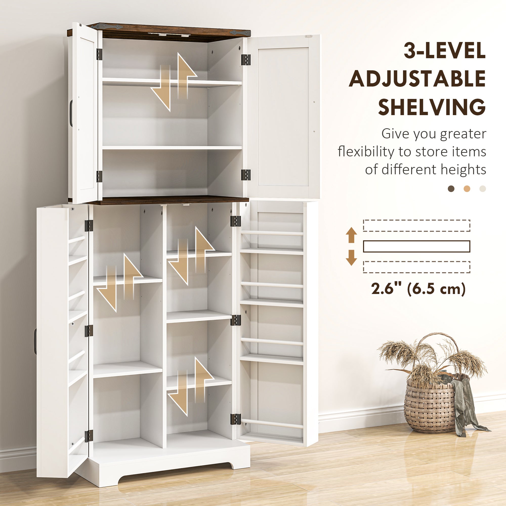 64" Tall Kitchen Pantry Cabinet with Motion Sensor Light, Spice Racks and Adjustable Shelves, White