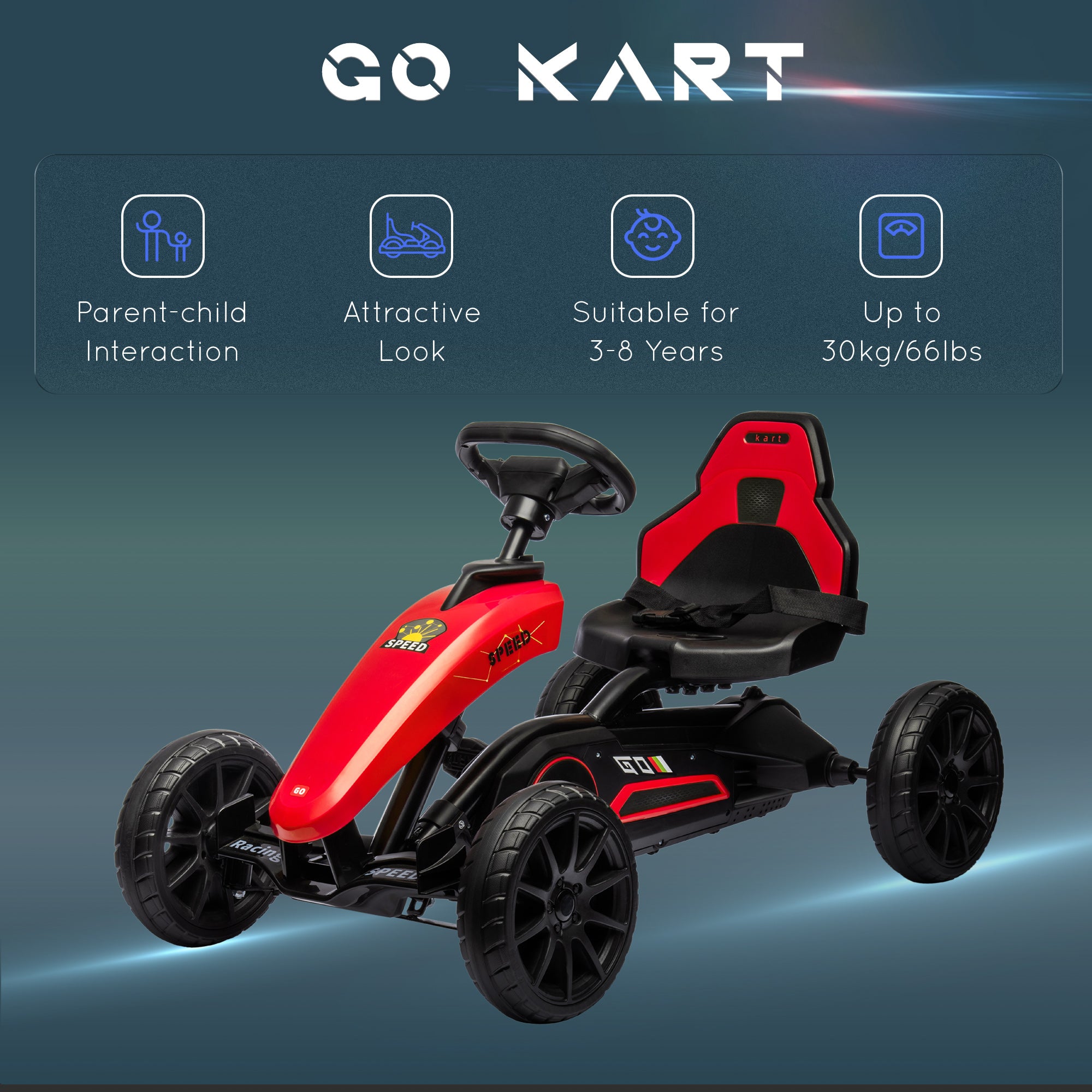 Kids Pedal Go Kart w/ Swing Axle, Shock-Absorbing Wheels, Red