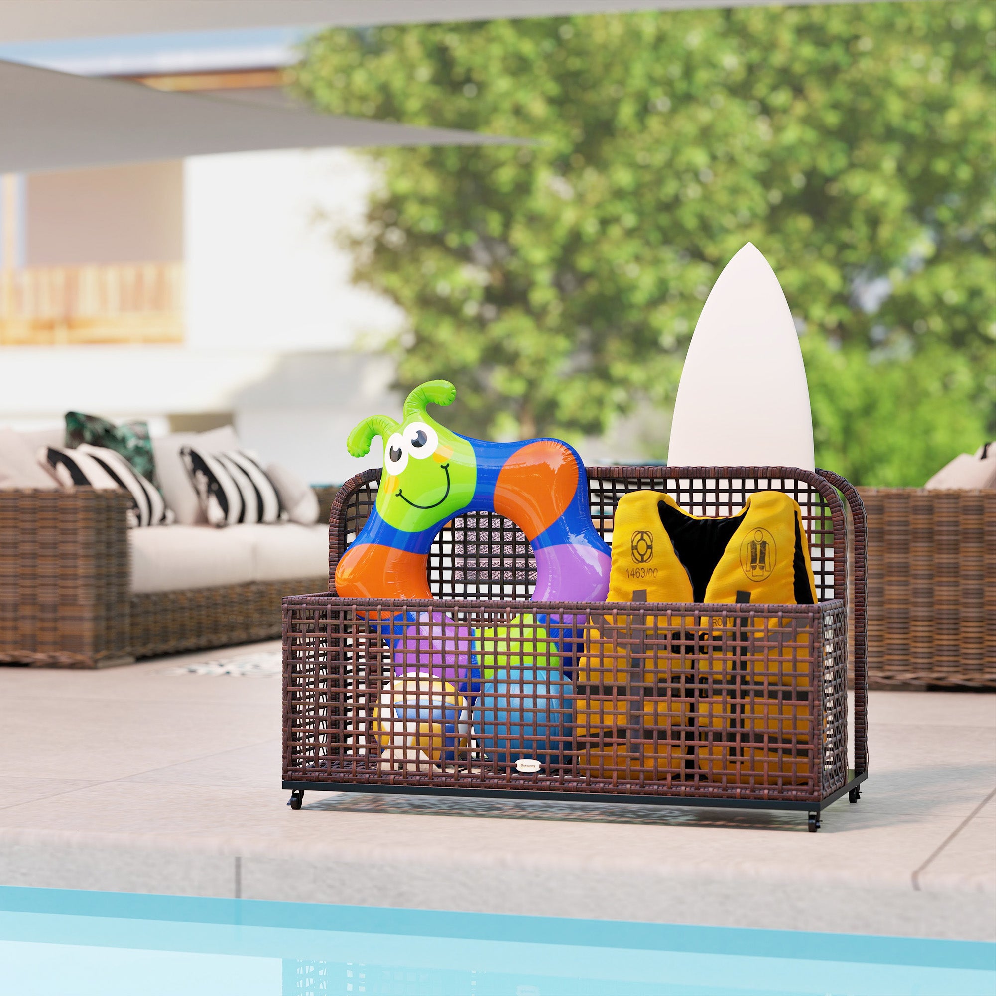 Pool Float Storage, Pool Caddy, with Wheels, 43.25" L x 22.5" W x 28" H, Brown - Brown - Image 8
