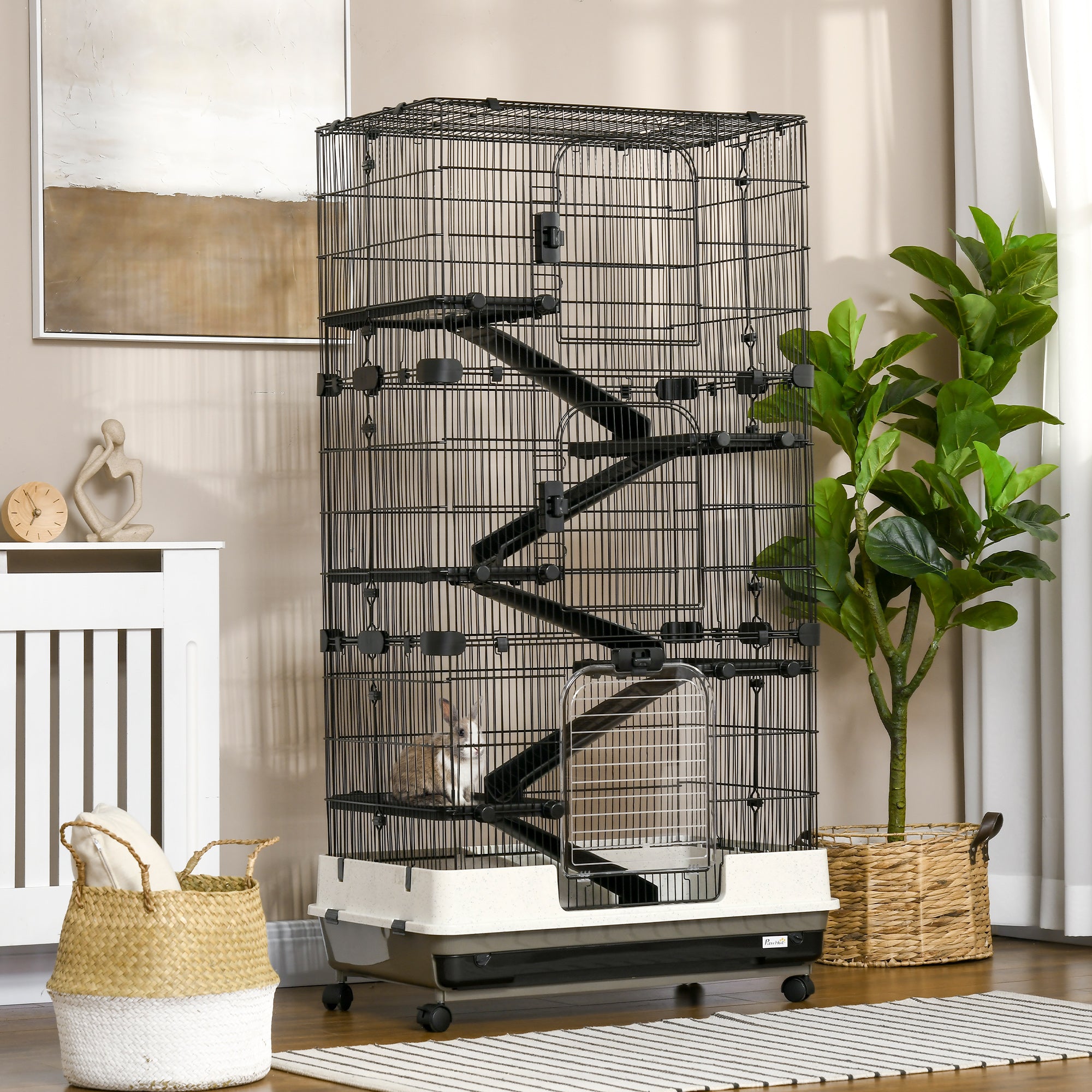 6-tier Platform Rolling Small Animal Rabbit Cage with a Large Living Space, Black - Black and White - Image 2