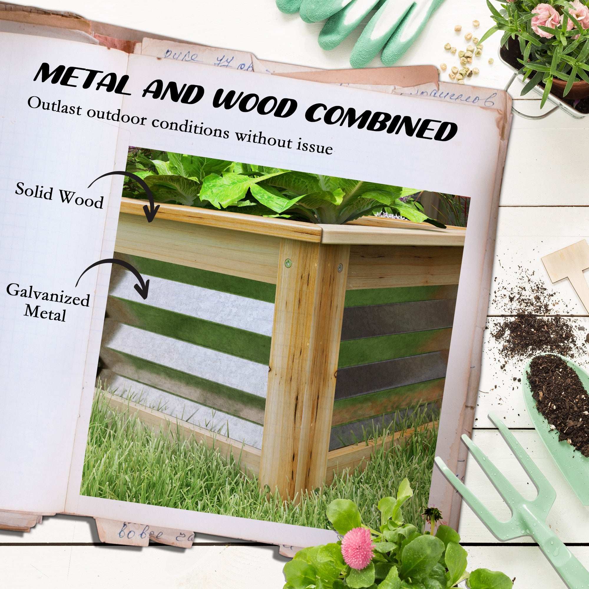 Raised Garden Bed, Planter Box, Metal and Wood Combined, for Growing Flowers, Herbs and Vegetables - Silver, Natural - Image 4