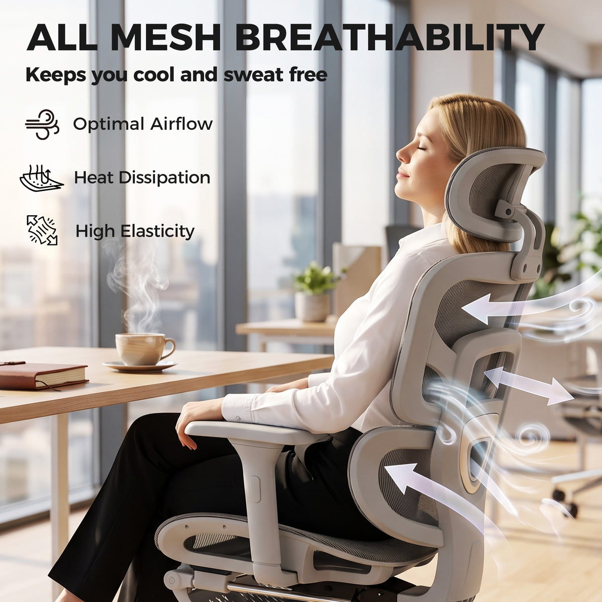 Ergonomic Office Chair with Lumbar Support, 2D Headrest, Mesh Reclining Desk Chair with Footrest, Swivel Wheels, Gray
