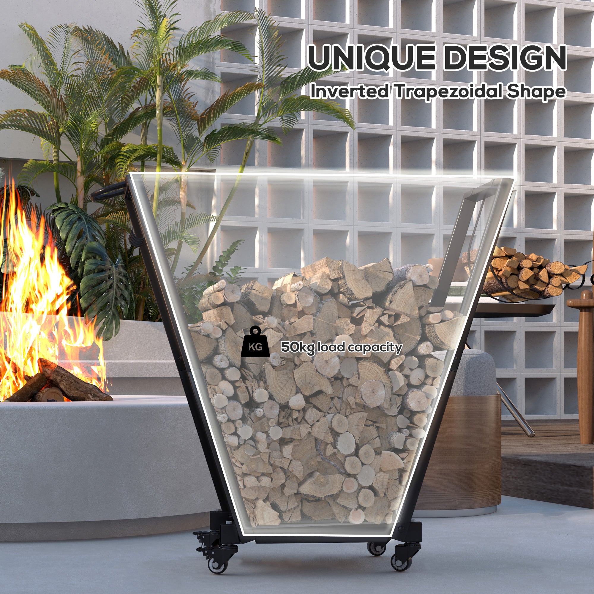 Firewood Rack with Wheels, Metal Log Holder with Kindling and Tool Hooks, Indoor/Outdoor, 31.1" x 11.8" x 31.9", Black