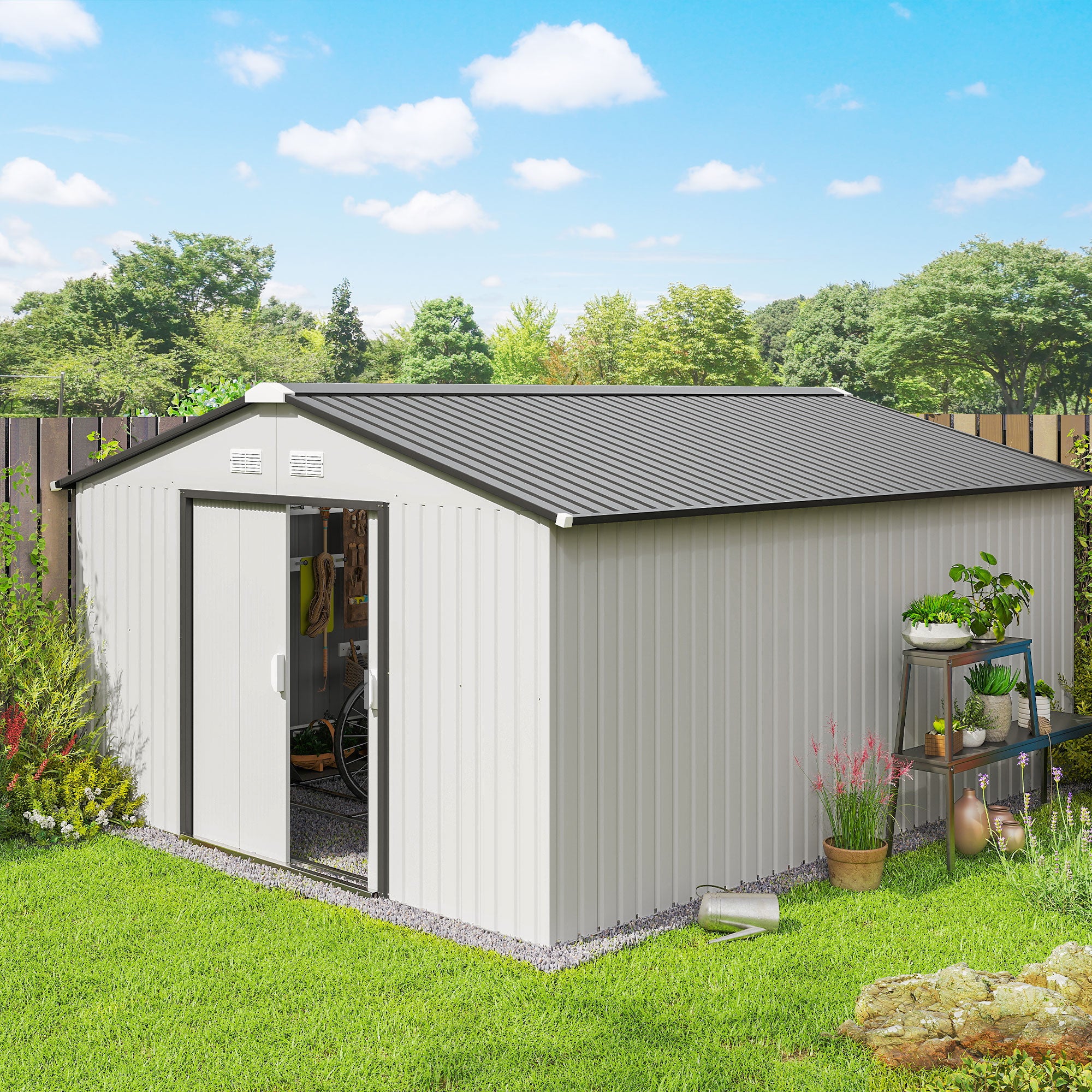 Garden Metal Shed, Storage Shed Utility Storage with Double Locking Doors for Bike, Yard Tools, White - White - Image 2
