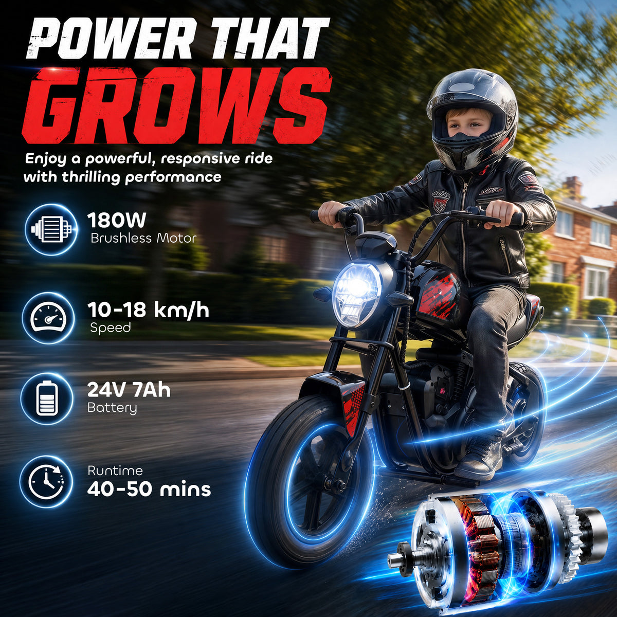 24V Kids Electric Motorcycle with 180W Motor, 12" Rubber Tires, Up to 11MPH, Twist Throttle for Ages 6-12, Black