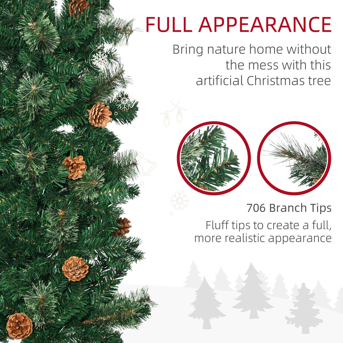 7.5 Foot Pencil Artificial Christmas Tree, Slim Pine Needles Xmas Tree with Realistic Branches, Pine Cones, Metal Base, Green