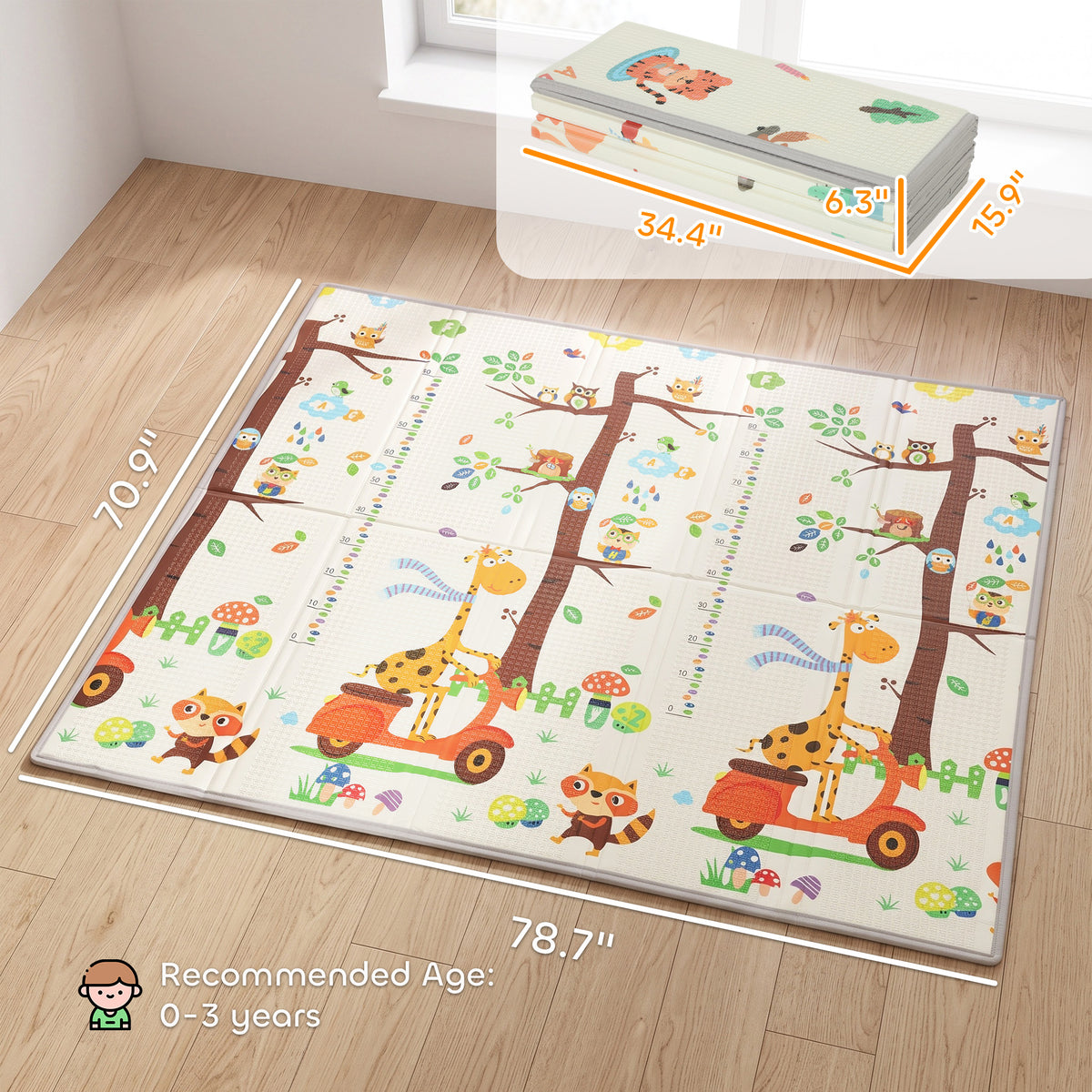 Foldable & Reversible Baby Play Mat, 79" x 71"Thick Play Mat for Floor, Waterproof Non-Slip, Giraffe & Woodland Animals