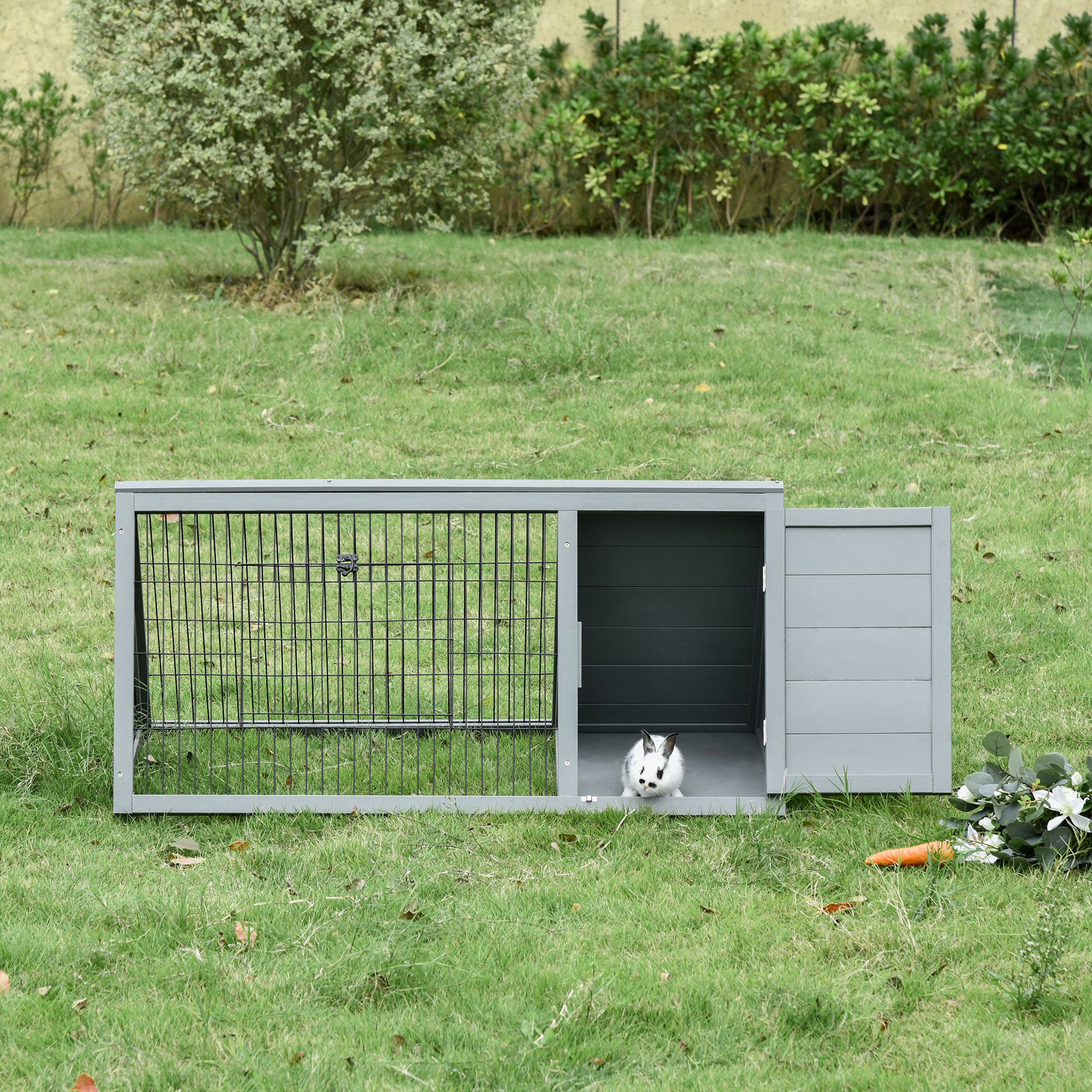 46" x 24" Wooden A-Frame Outdoor Rabbit Hutch, Small Animal Cage, Bunny Hutch with Outside Run & Ventilating Wire, for Rabbits, Chickens, Ducks, Gray - Grey - Image 2