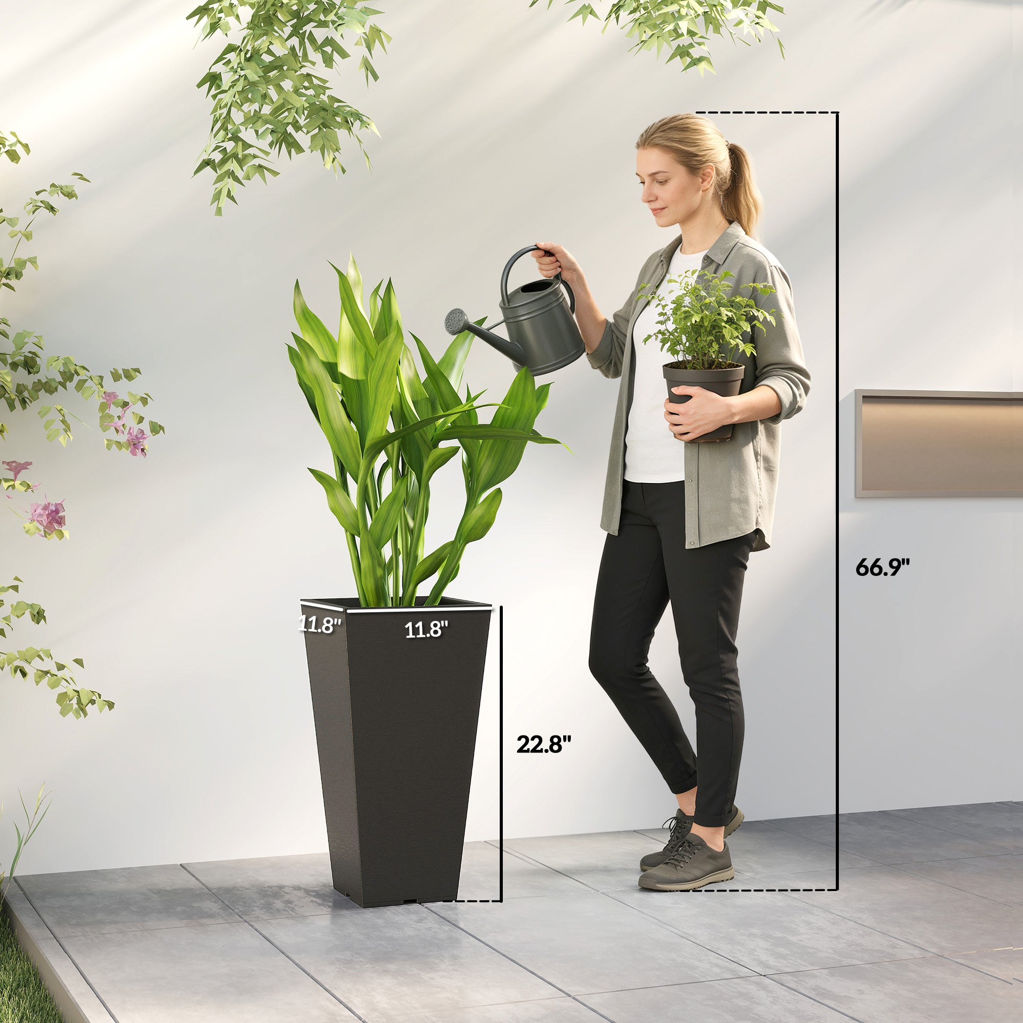 23 Inch Tall Planters for Outdoor Plants, Set of 2 Plastic Flower Pots, for Front Door Patio Garden Use, Black - Black - Image 3