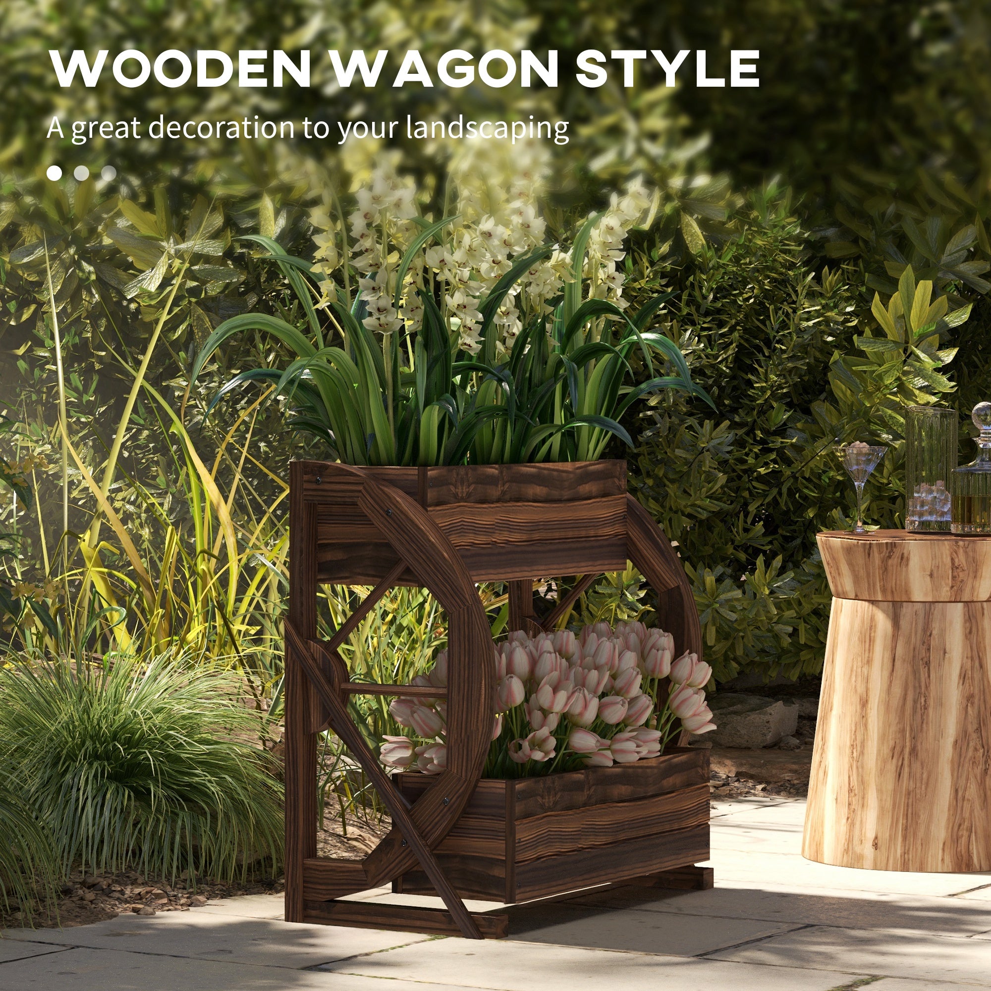 Wooden Wagon Planter Box, 2-Tier Raised Garden Bed, for Vegetables Flowers Herbs, 22" x 13" x 22" - Carbonized - Image 4