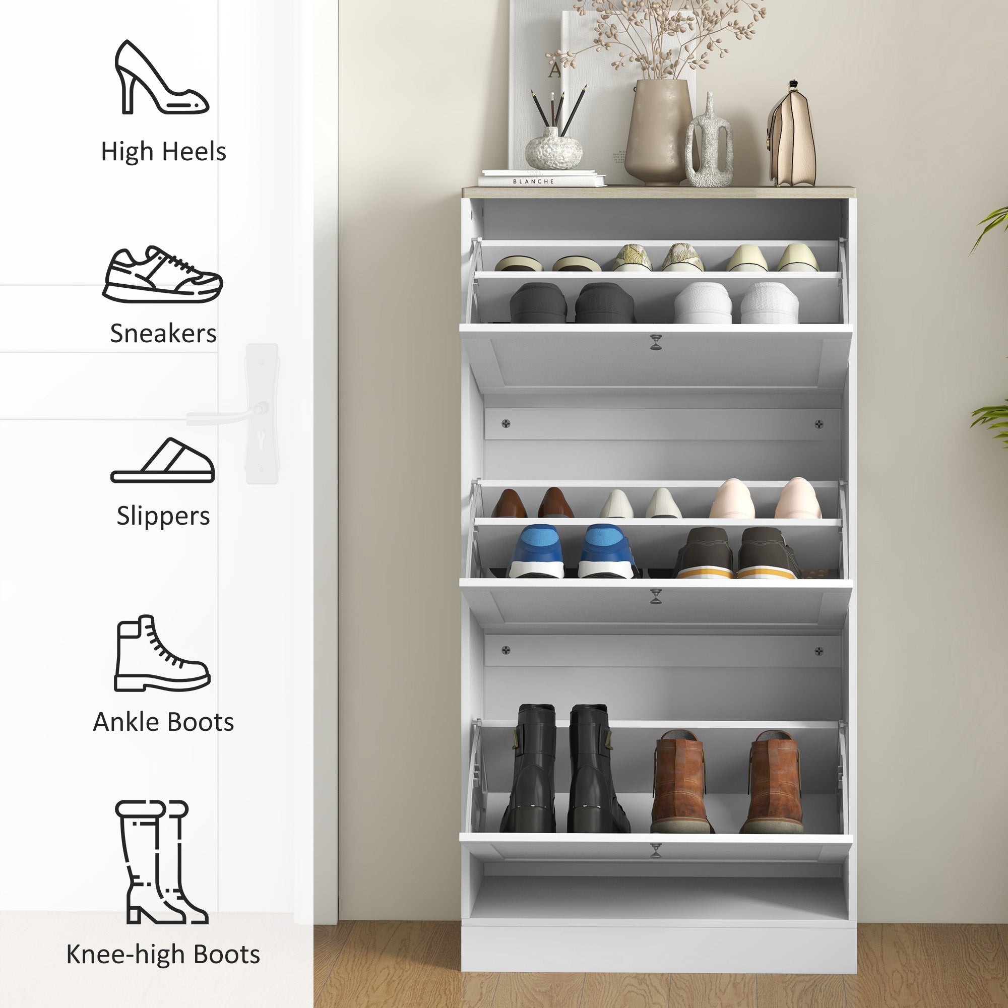 Modern Shoe Storage Cabinet with 3 Flip Drawers and Adjustable Shelves for 12-18 Pairs of Shoes, White