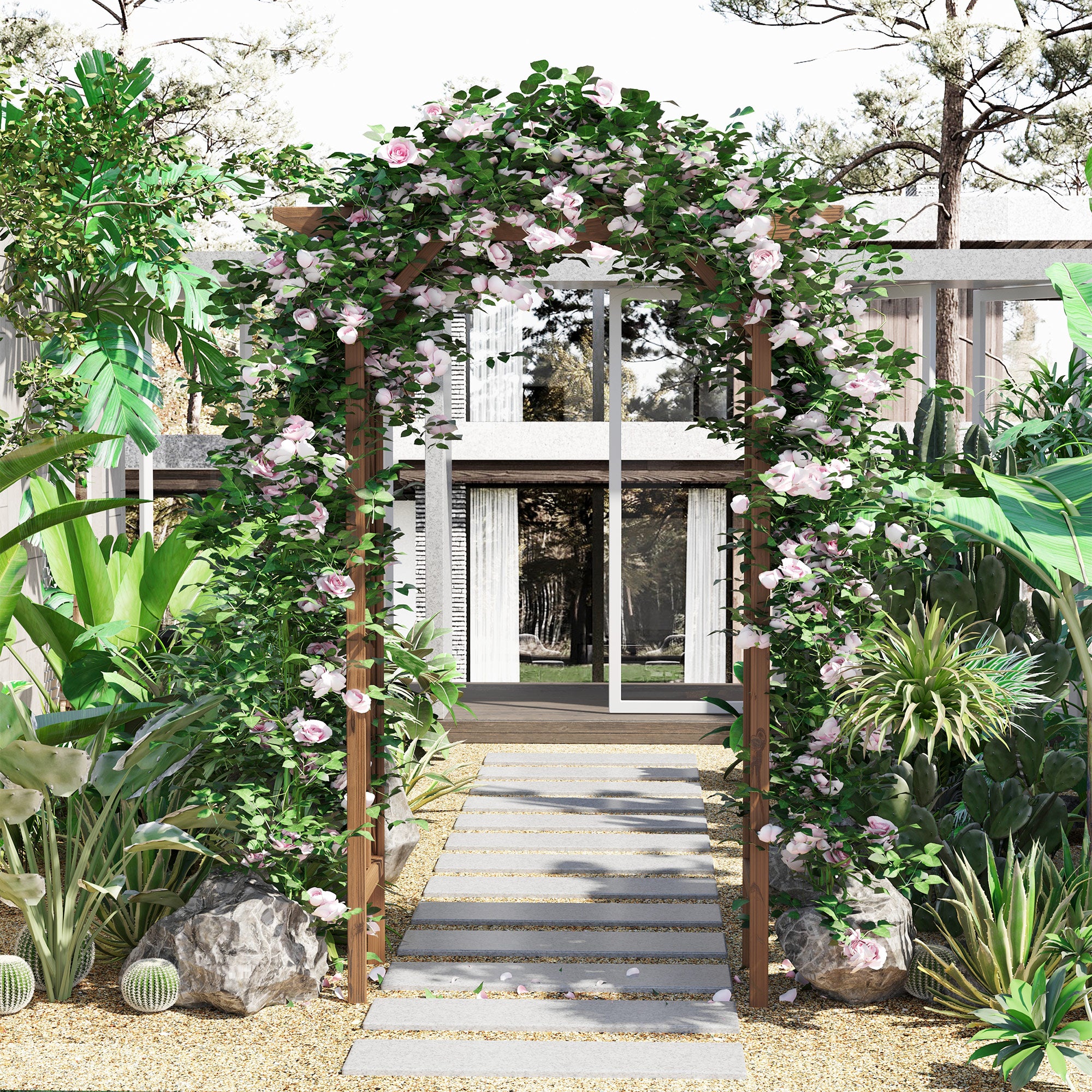 79in Wooden Garden Arbor Arch Trellis with Classic Countryside Style, Pergola Style Roof for Climbing Vines for Ceremony Party Weddings - Carbonized Color - Image 2