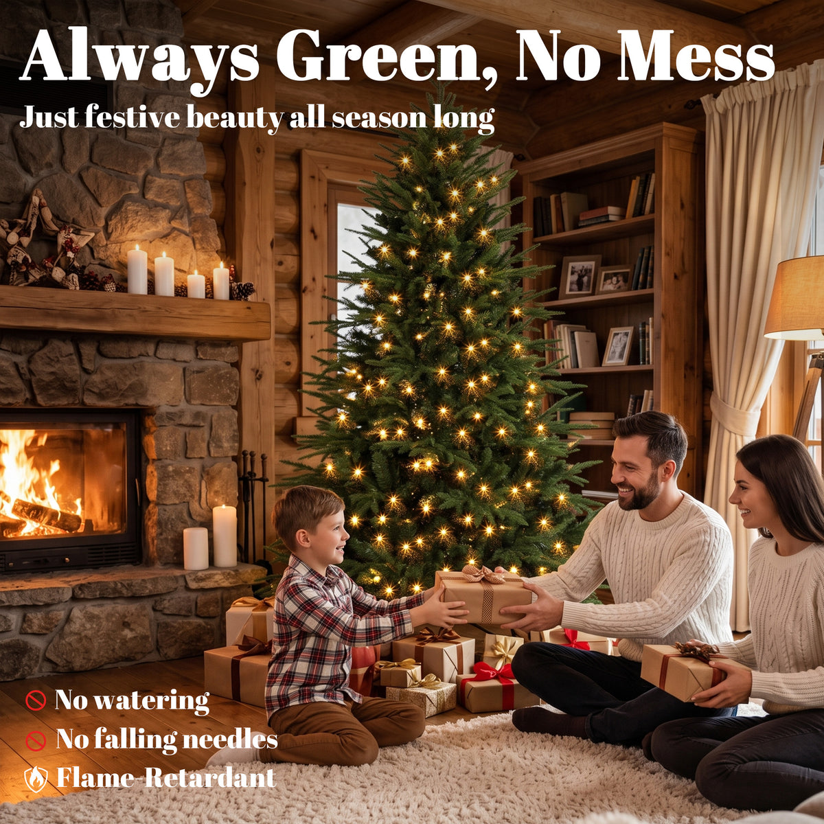 6ft Prelit Christmas Tree, Wide Artificial Hinged Xmas Tree with 300 Warm White LED Lights, 2345 Tips, Green