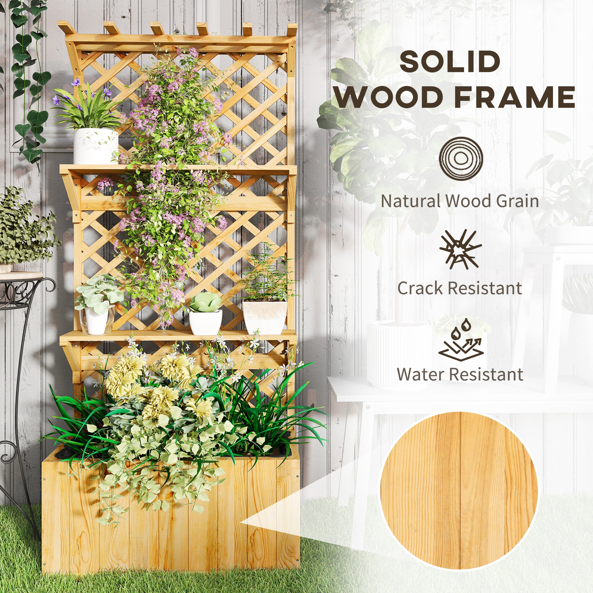 Raised Garden Bed, Wooden Planter with Trellis, Hanging Roof, Plant Shelf, Drainage Holes and Bed Liner, Natural - Natural Wood - Image 7